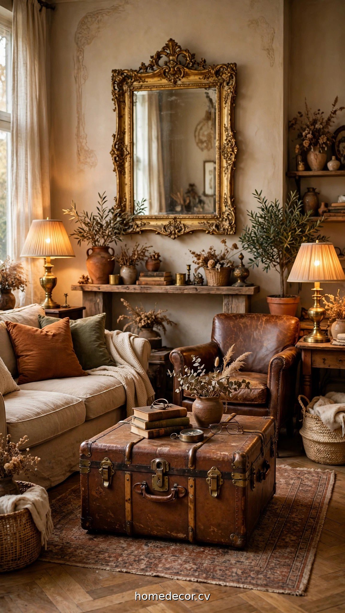 Living room with a vintage trunk coffee table, brass lamps and an ornate mirror