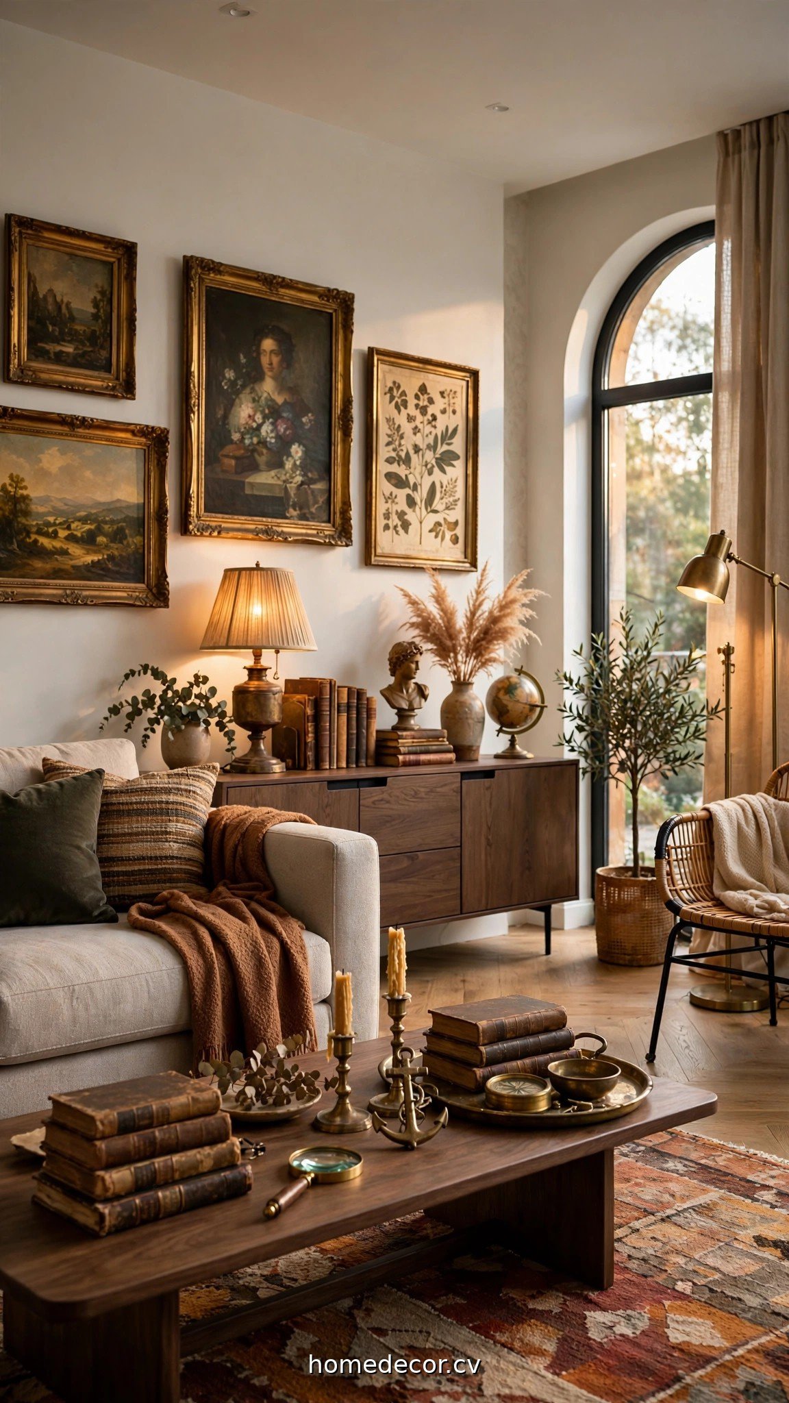 Modern living room styled with vintage brass, old books and antique art