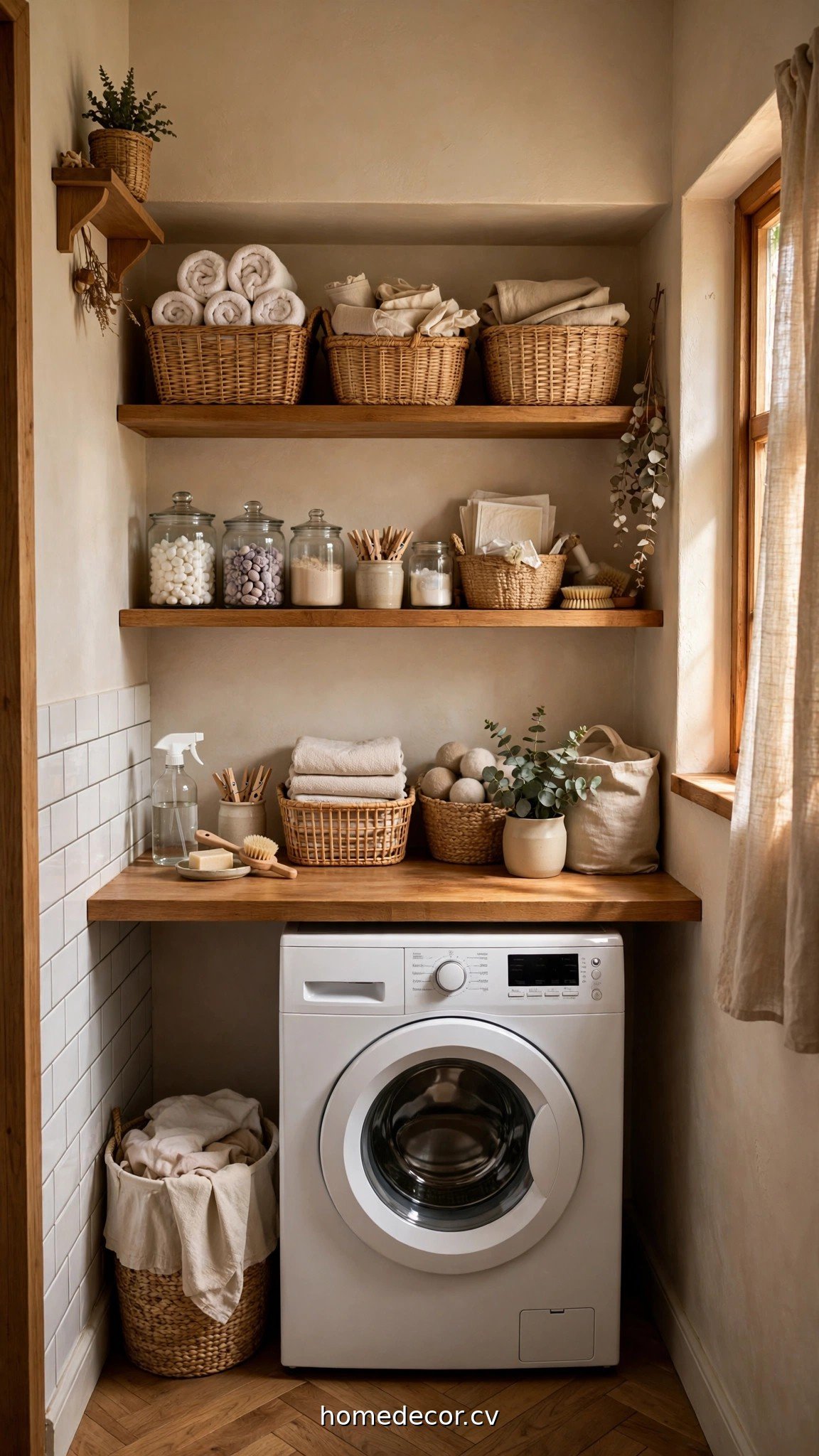 Small laundry room with open shelves, baskets and organized supplies above the washer