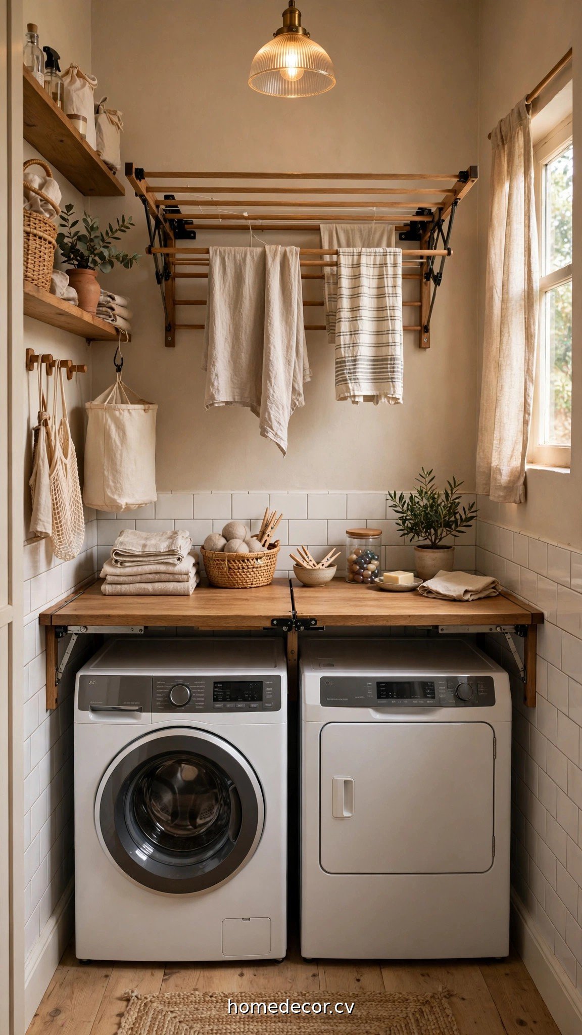 Small laundry room with a folding counter over machines and a wall-mounted drying rack