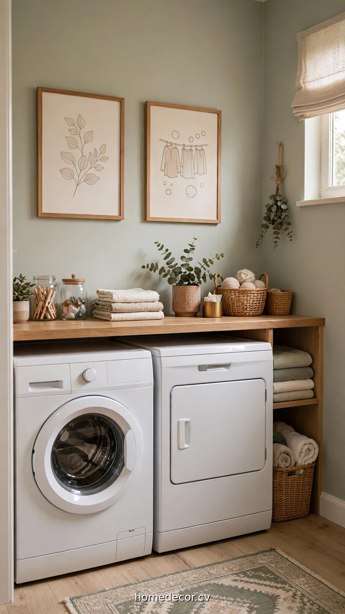 Pretty small laundry room with sage green walls, framed art and a small rug