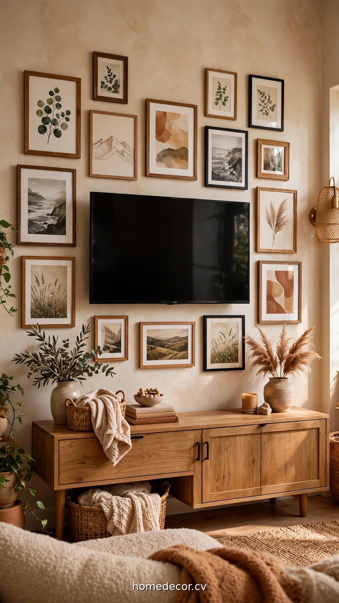 Living room wall with TV surrounded by a framed gallery wall