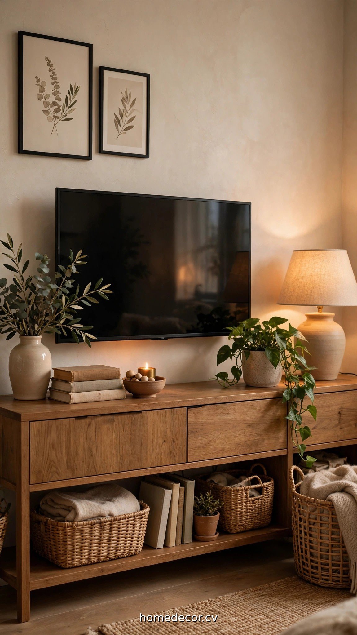 Styled TV console with plants, books, baskets and warm lighting