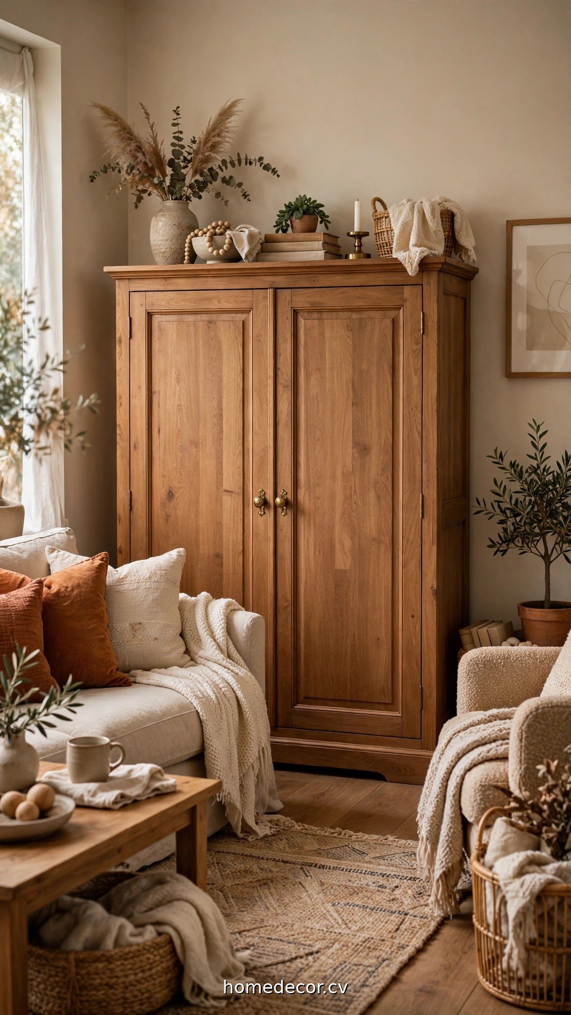 Living room with TV hidden inside a wooden cabinet with doors
