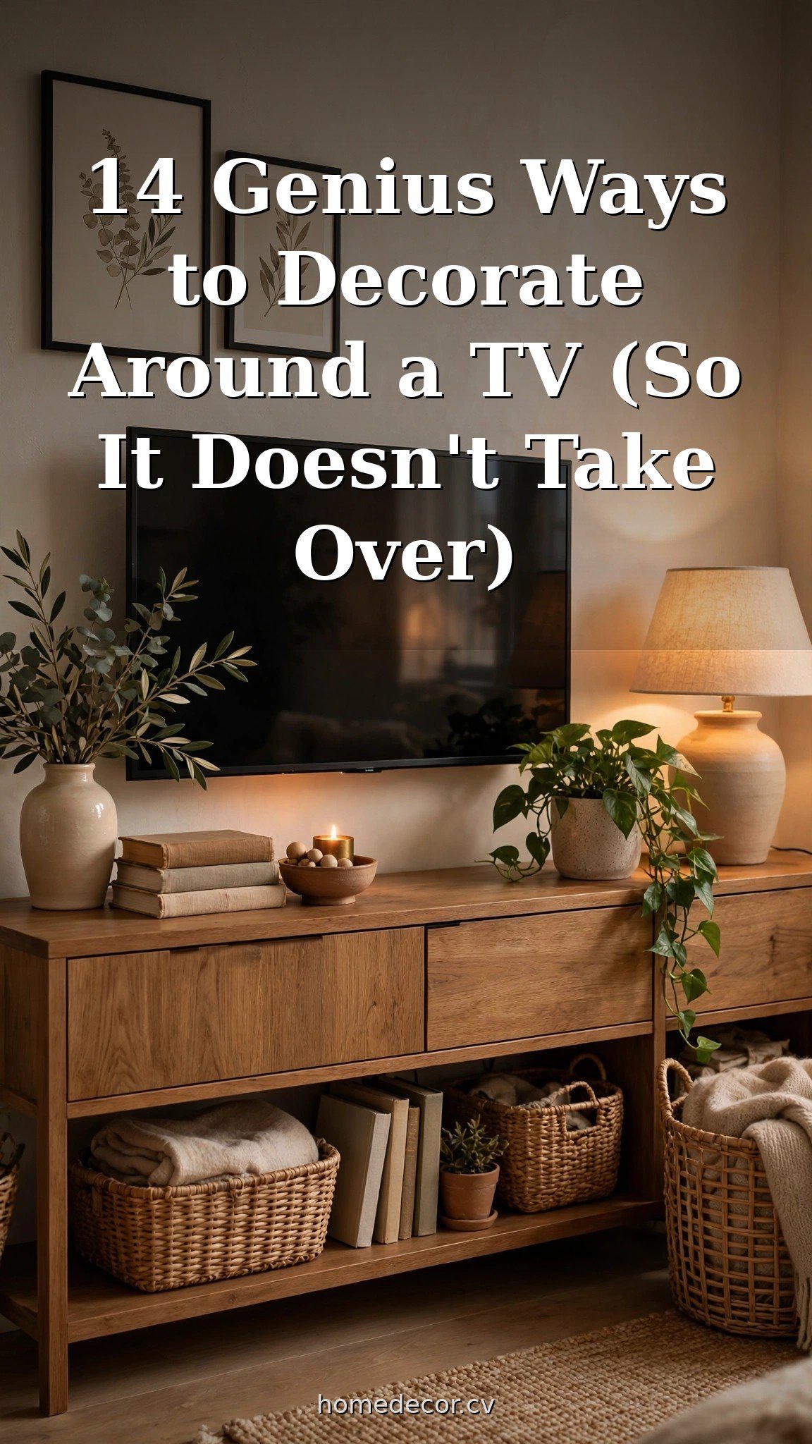 Pinterest pin: 14 Genius Ways to Decorate Around a TV (So It Doesn't Take Over)