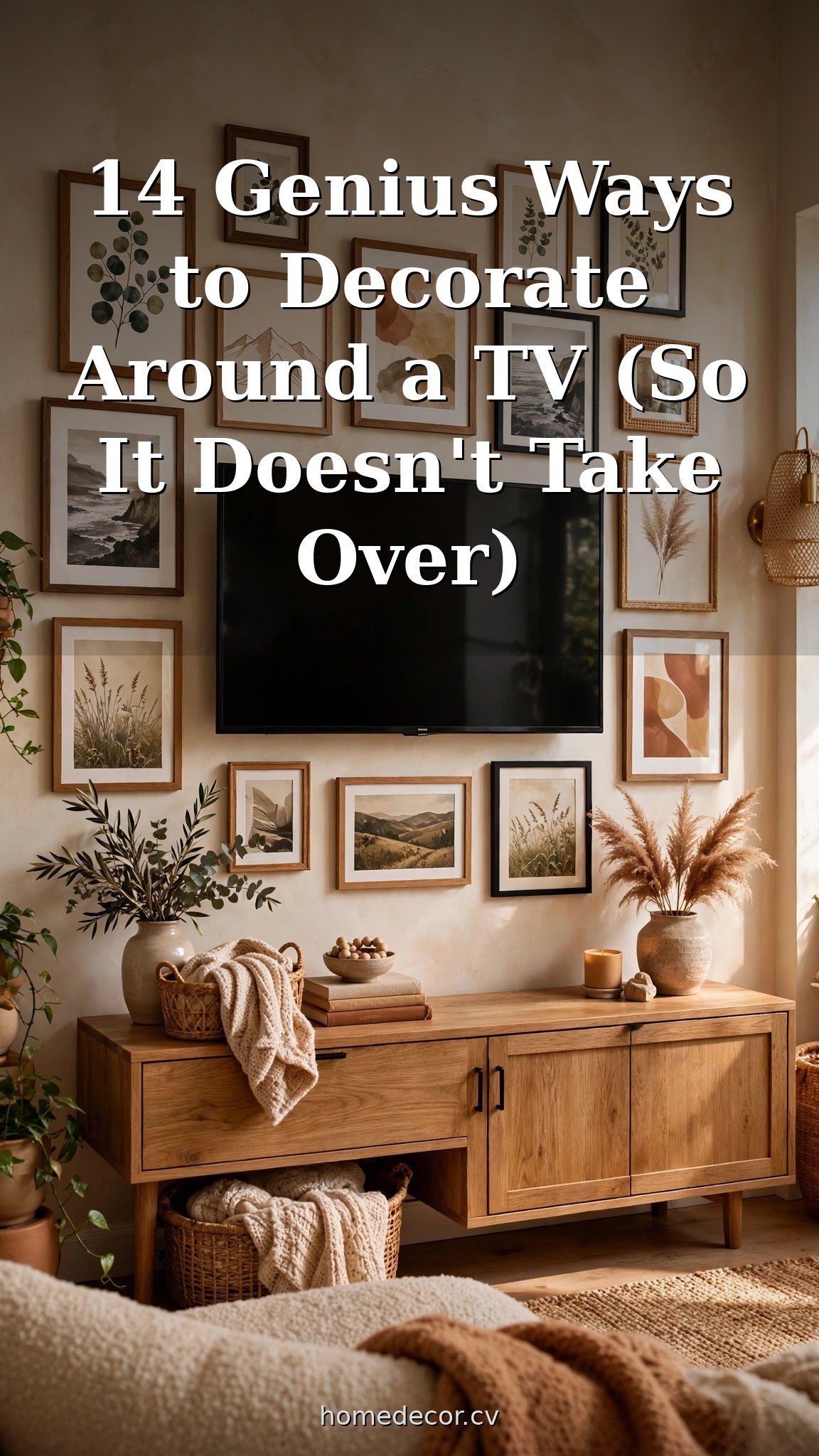 Pinterest pin: 14 Genius Ways to Decorate Around a TV (So It Doesn't Take Over)