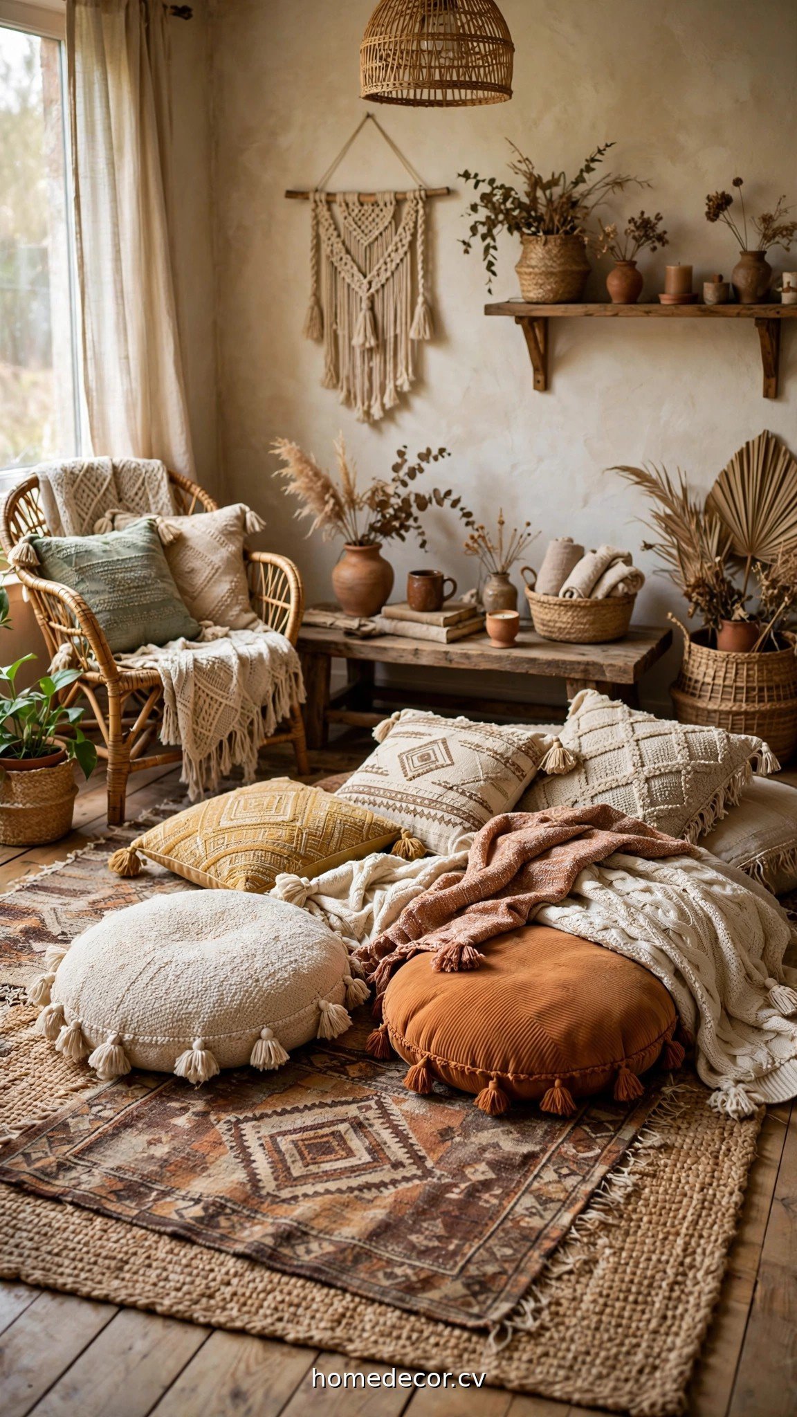 Boho living room with layered rugs, floor cushions and textured throws