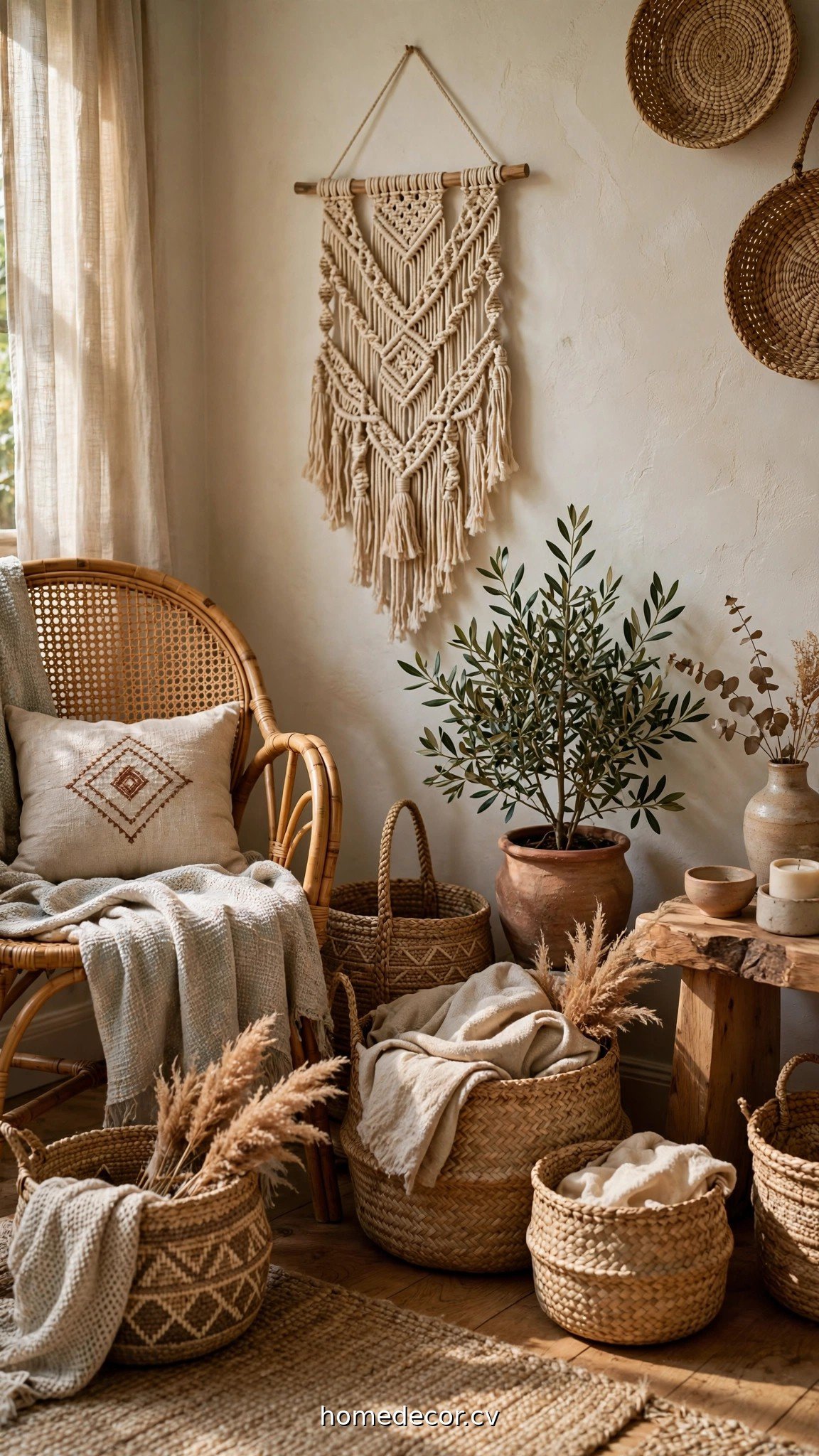 Boho living room corner with rattan chair, macrame hanging and woven baskets