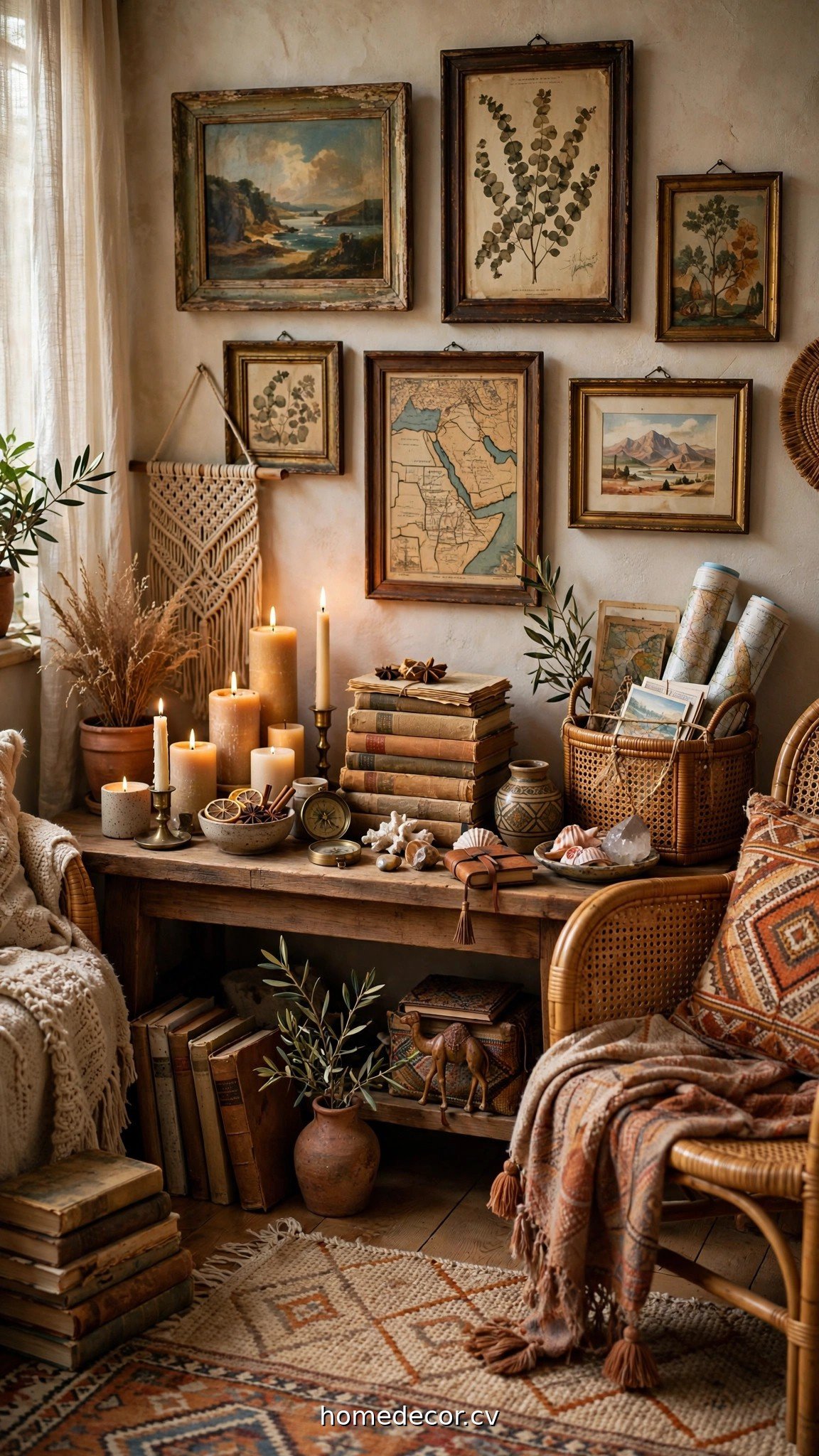 Boho living room styled with vintage art, candles, books and travel mementos