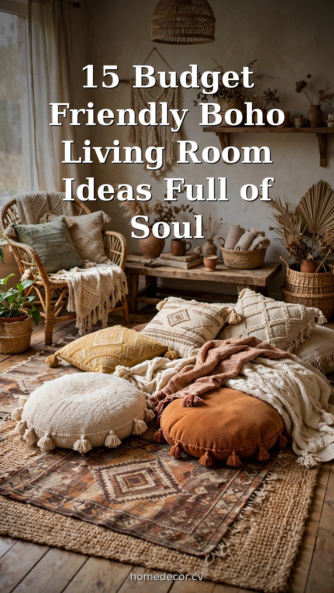 Pinterest pin: 15 Budget Friendly Boho Living Room Ideas Full of Soul