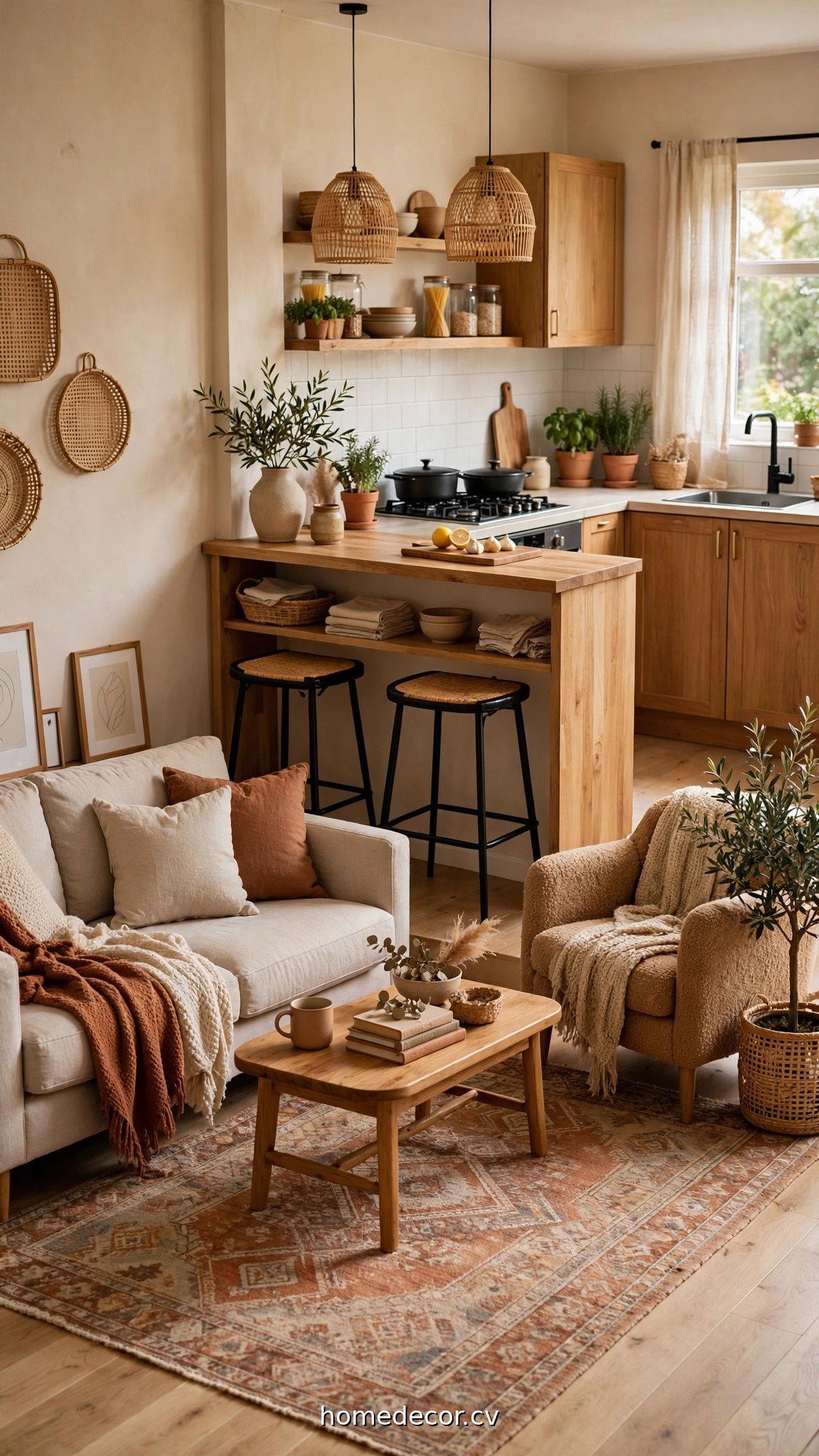 A very small open plan kitchen living room divided by a rug and a slim island