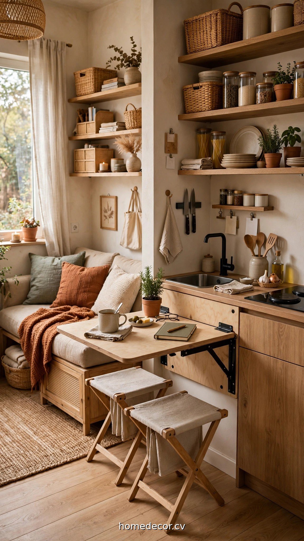 A tiny open plan kitchen living room with wall-mounted fold-down table and open shelving