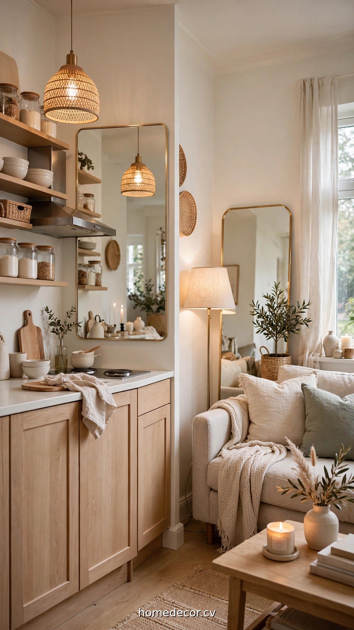 Bright tiny open plan kitchen living room with mirrors, light walls and layered lamps