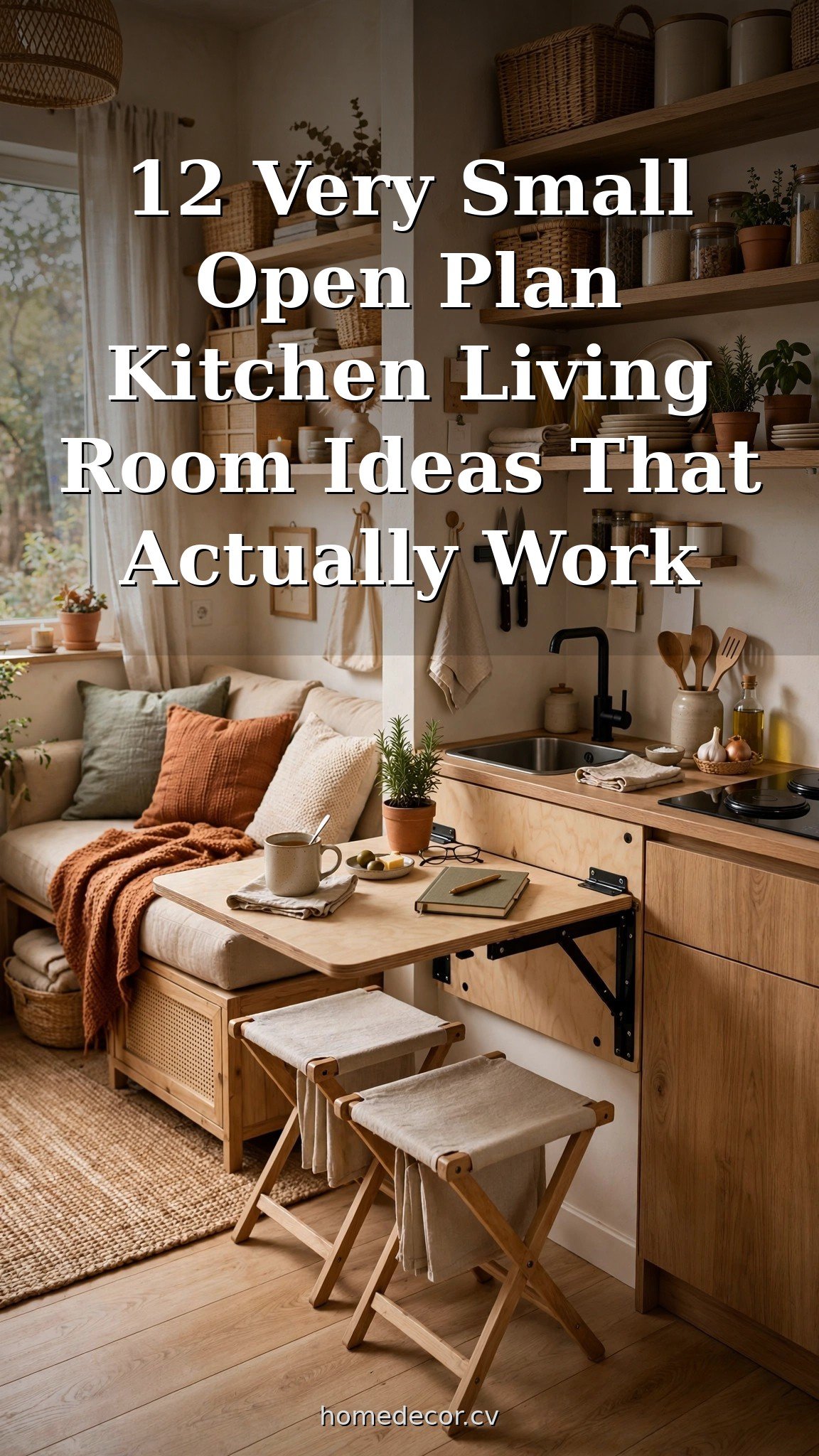 Pinterest pin: 12 Very Small Open Plan Kitchen Living Room Ideas That Actually Work