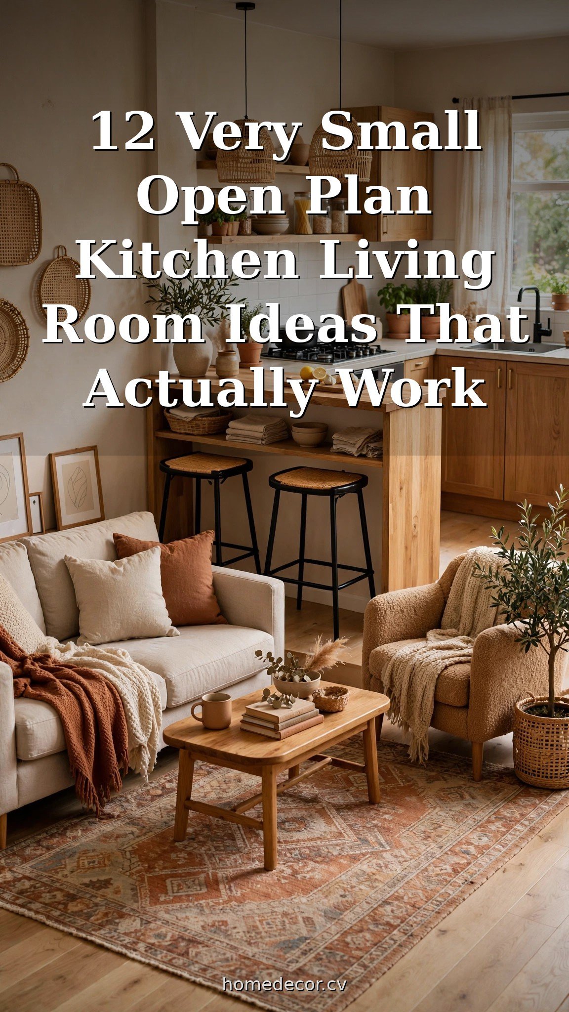 Pinterest pin: 12 Very Small Open Plan Kitchen Living Room Ideas That Actually Work