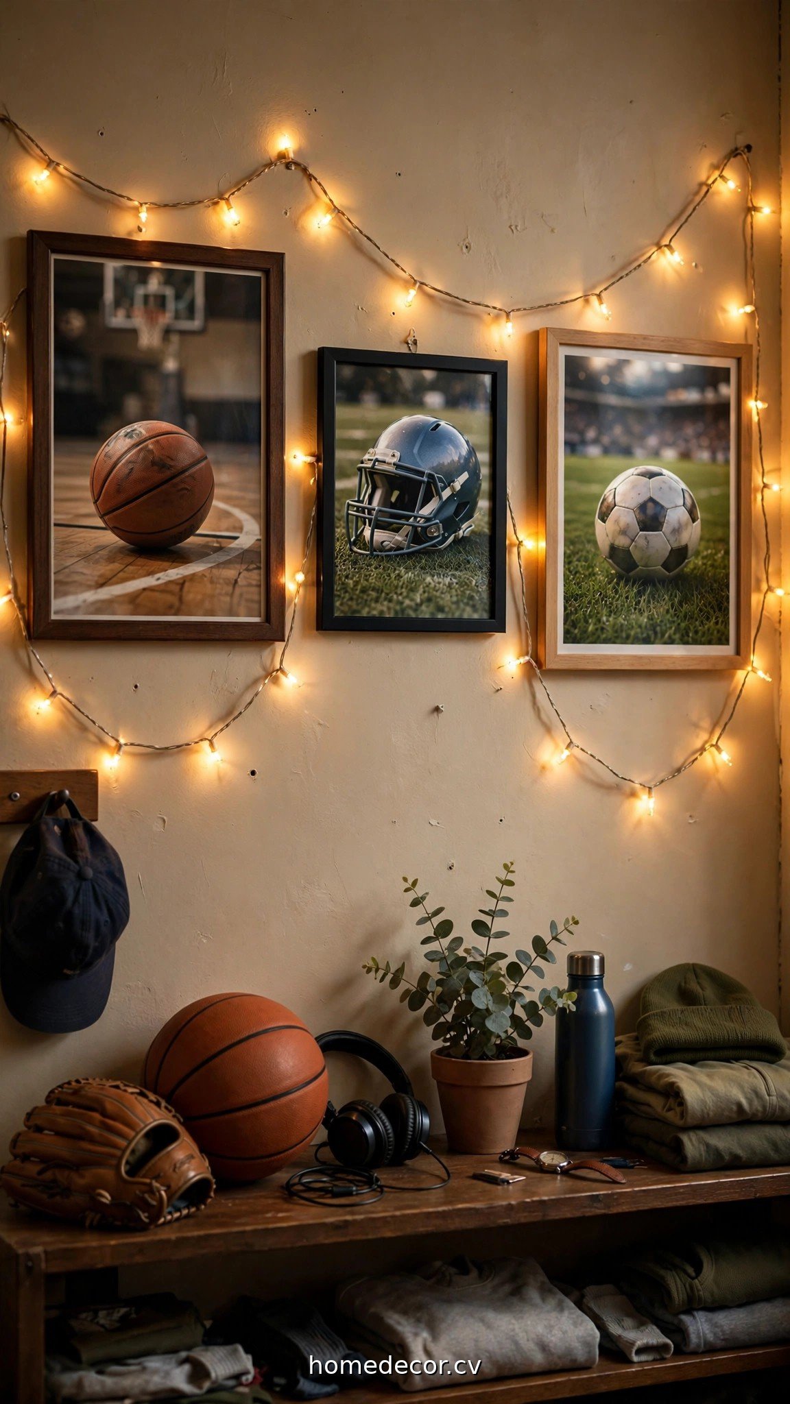 Dorm room wall for a guy with framed sports posters and warm string lights