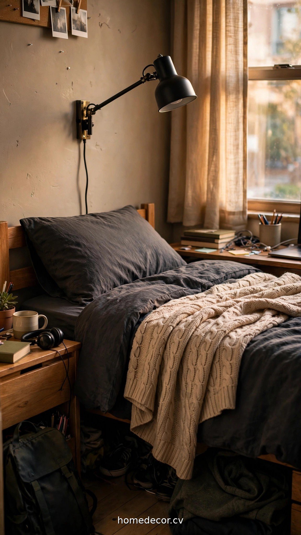 Guy's dorm bed with dark charcoal bedding, layered throw and wall-mounted reading light