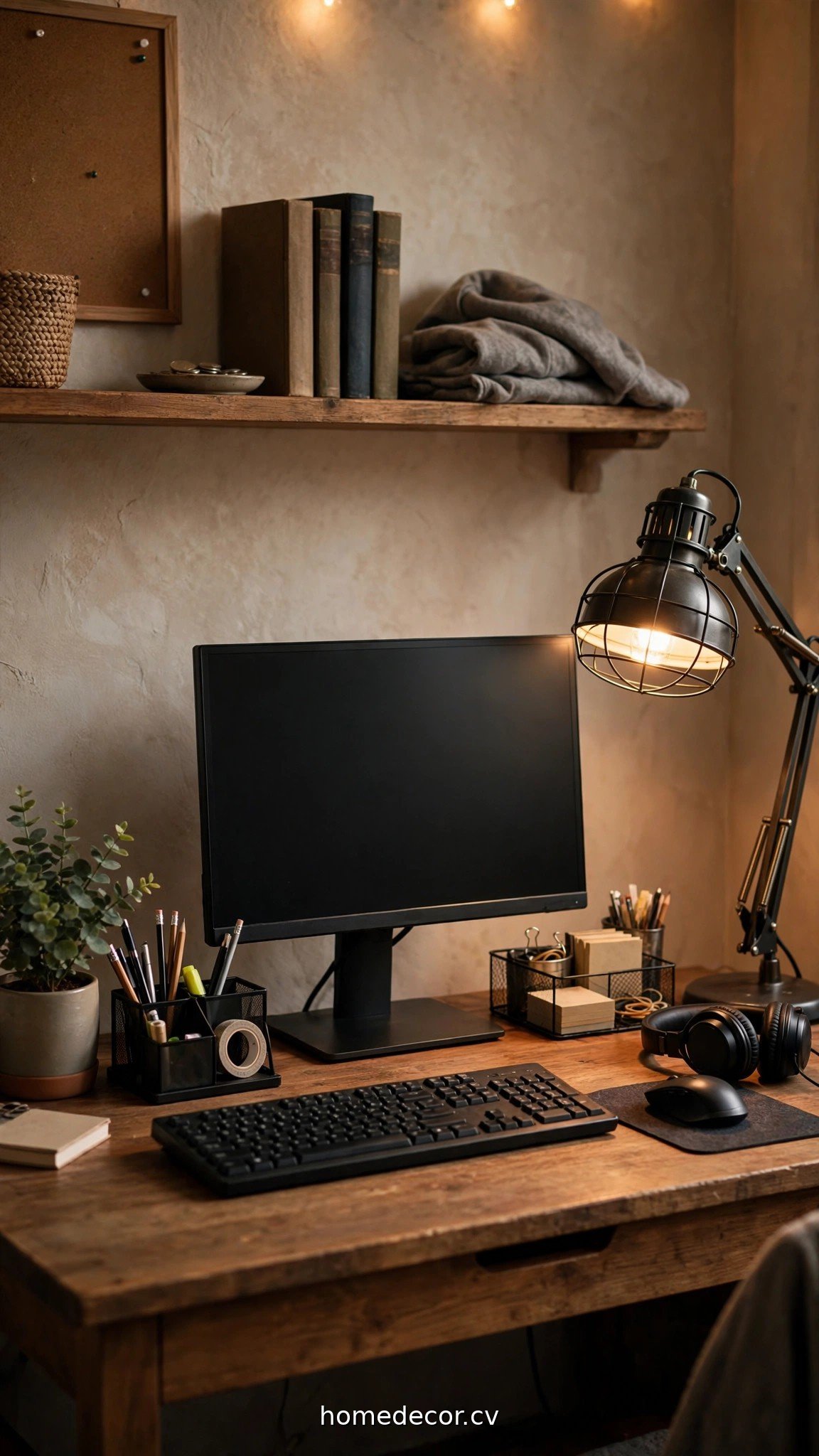 Guy's dorm desk setup with monitor, organizers, plant and industrial lamp