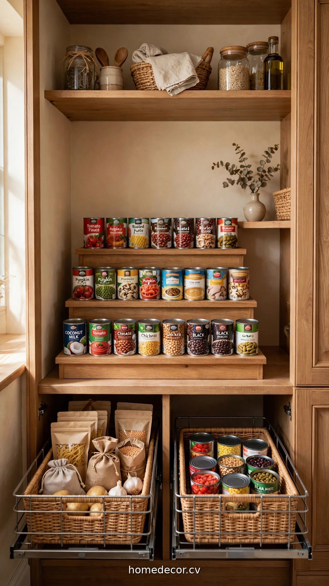 Deep pantry shelf with pull-out bins and tiered risers showing canned goods
