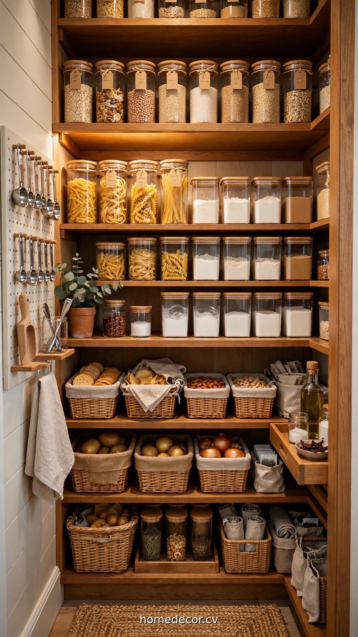 Organized pantry with labeled zones, clear jars and matching containers on deep shelves