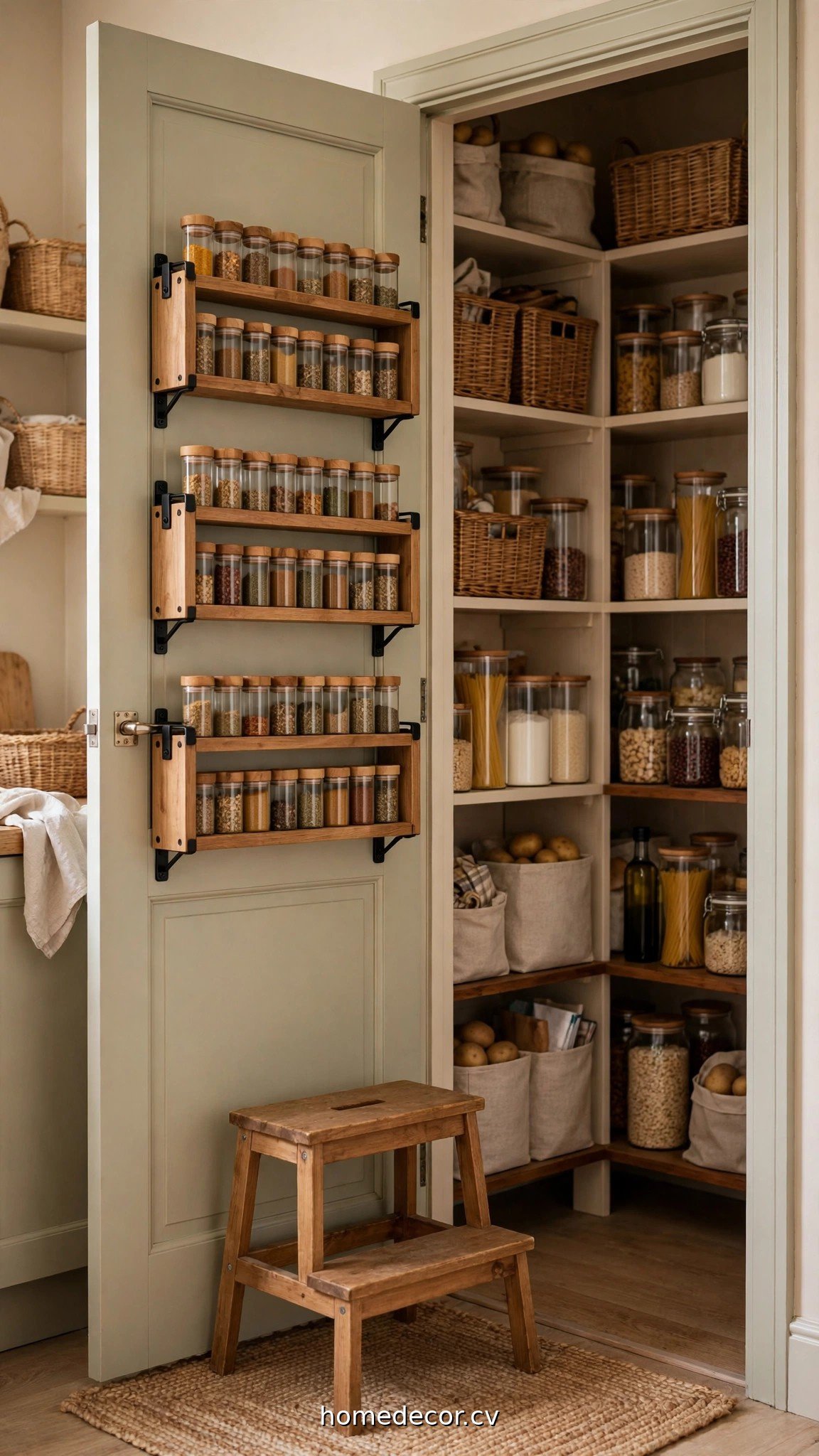 Pantry door with mounted spice racks and a small step stool for reaching high deep shelves