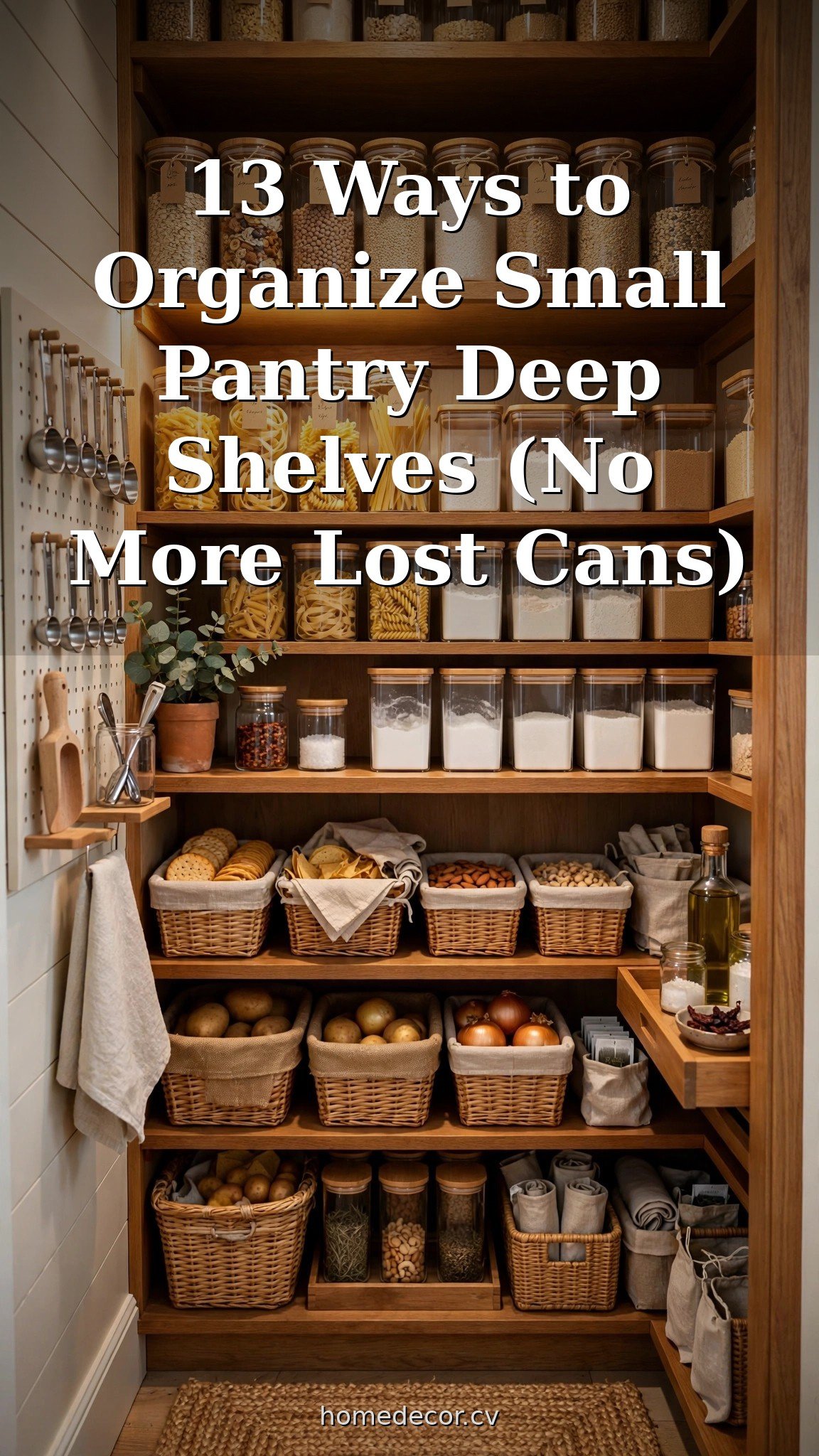 Pinterest pin: 13 Ways to Organize Small Pantry Deep Shelves (No More Lost Cans)