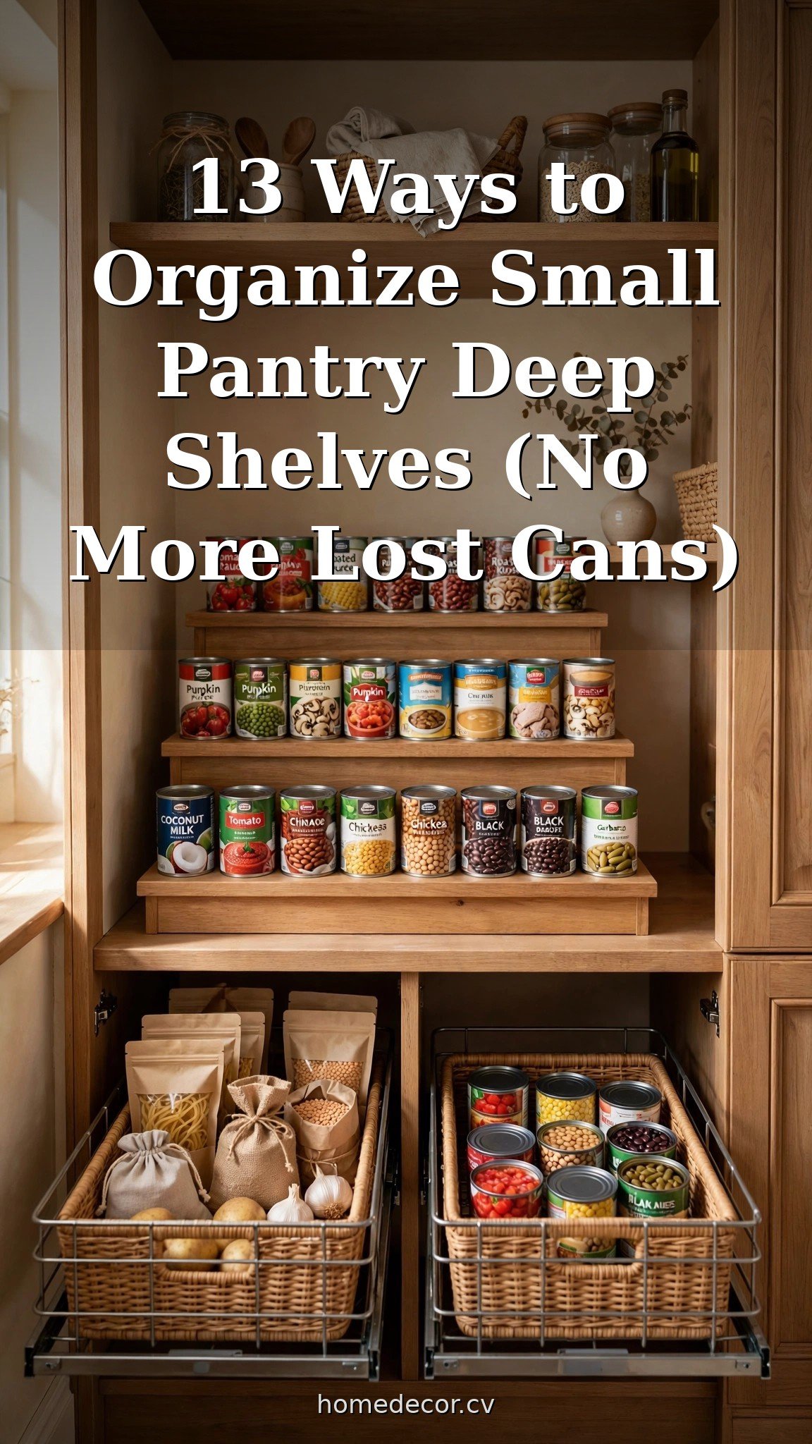 Pinterest pin: 13 Ways to Organize Small Pantry Deep Shelves (No More Lost Cans)