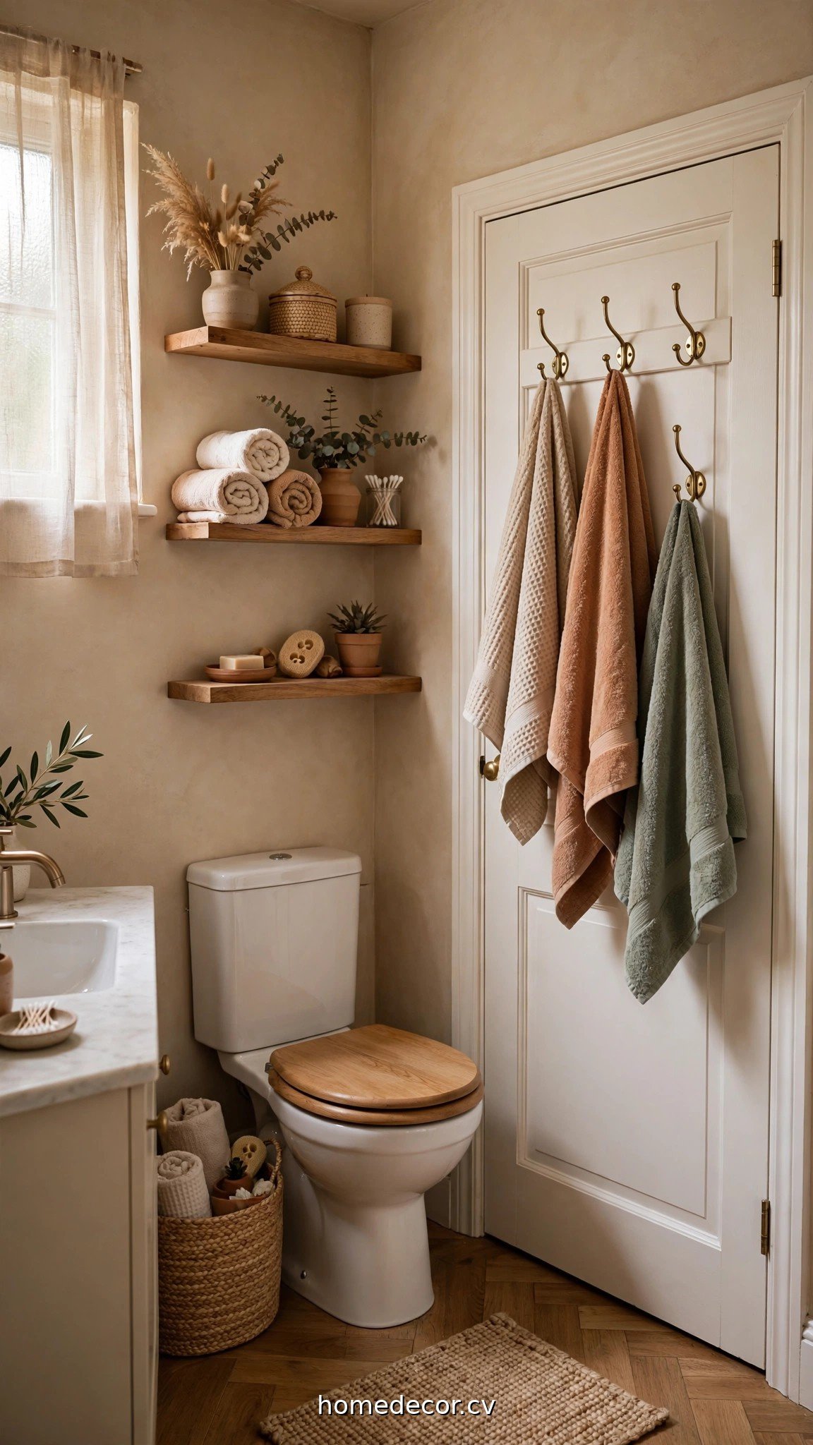 Small bathroom with floating shelves above the toilet and over-door towel hooks