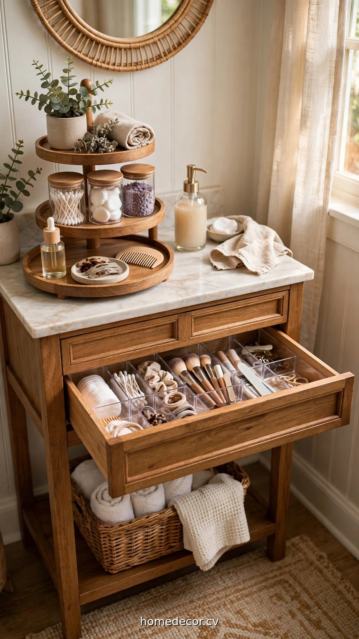 Small bathroom vanity with tiered tray organizer, clear jars and drawer dividers