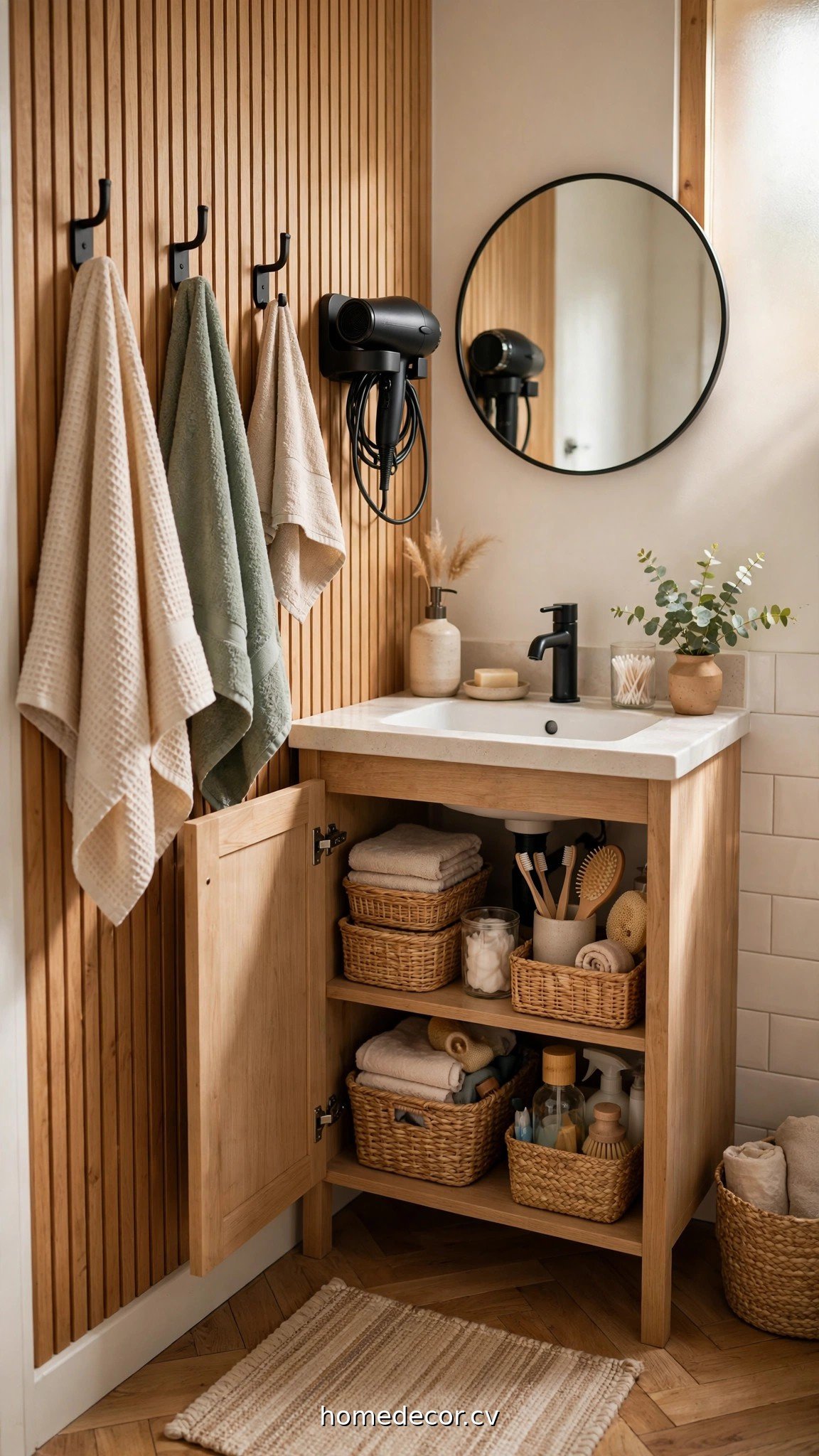 Small bathroom with towel hooks, wall-mounted hair dryer holder and tidy under-sink storage
