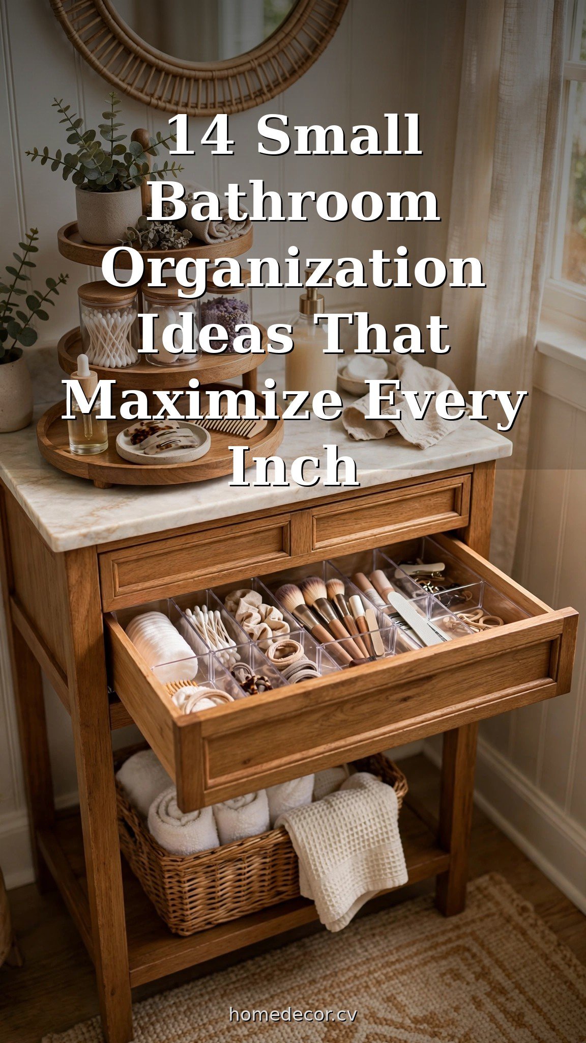 Pinterest pin: 14 Small Bathroom Organization Ideas That Maximize Every Inch