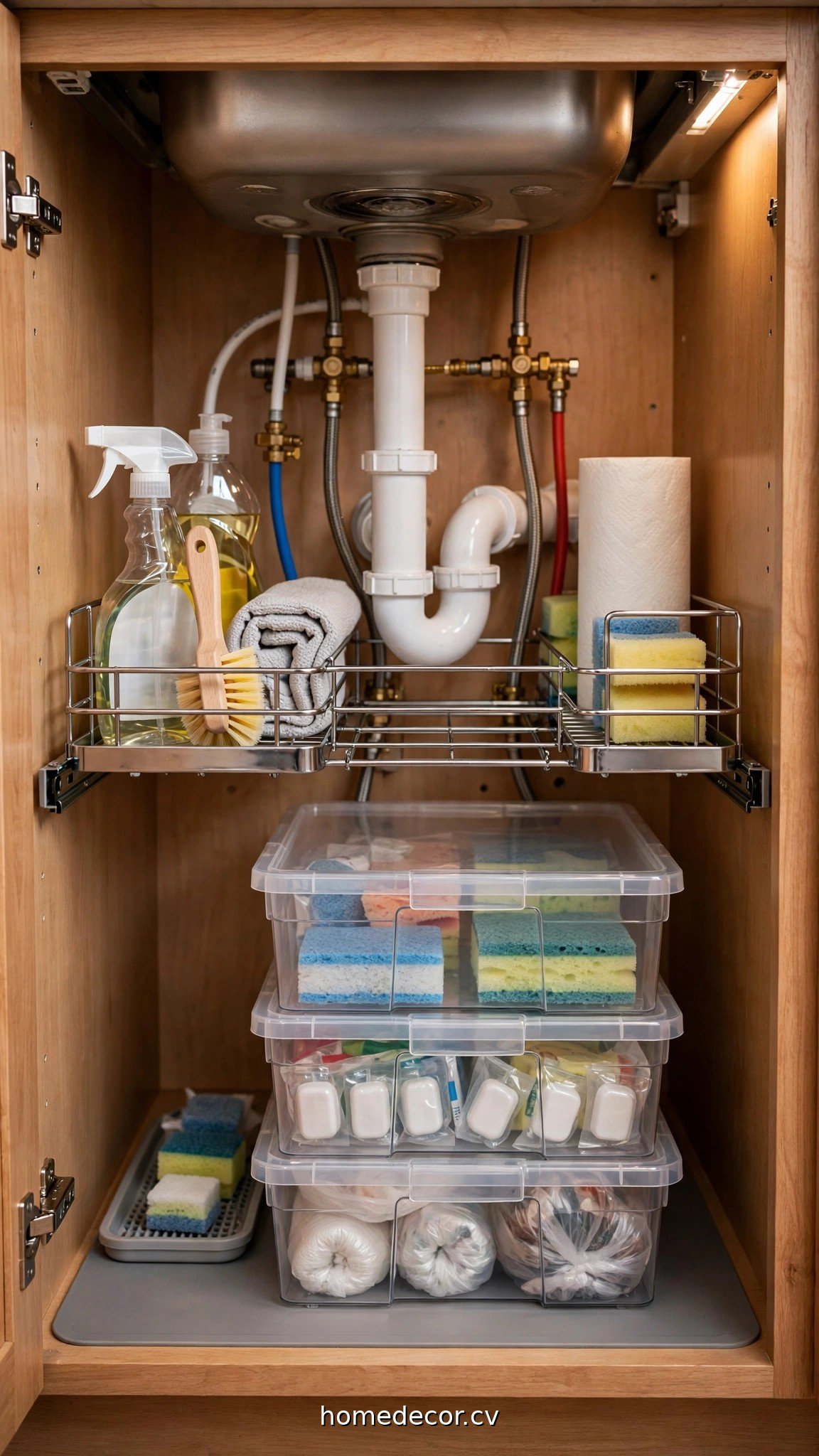 Under kitchen sink cabinet with stackable bins and a pull-out caddy around the pipes