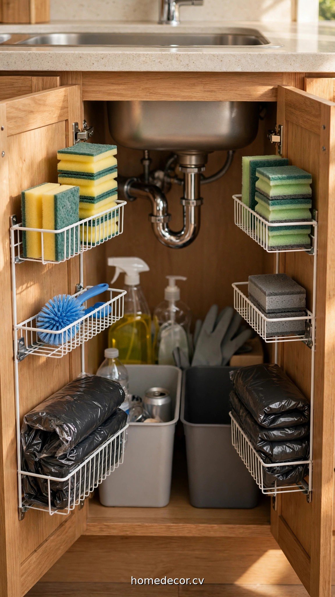 Under sink cabinet doors with mounted wire racks holding sponges and trash bags