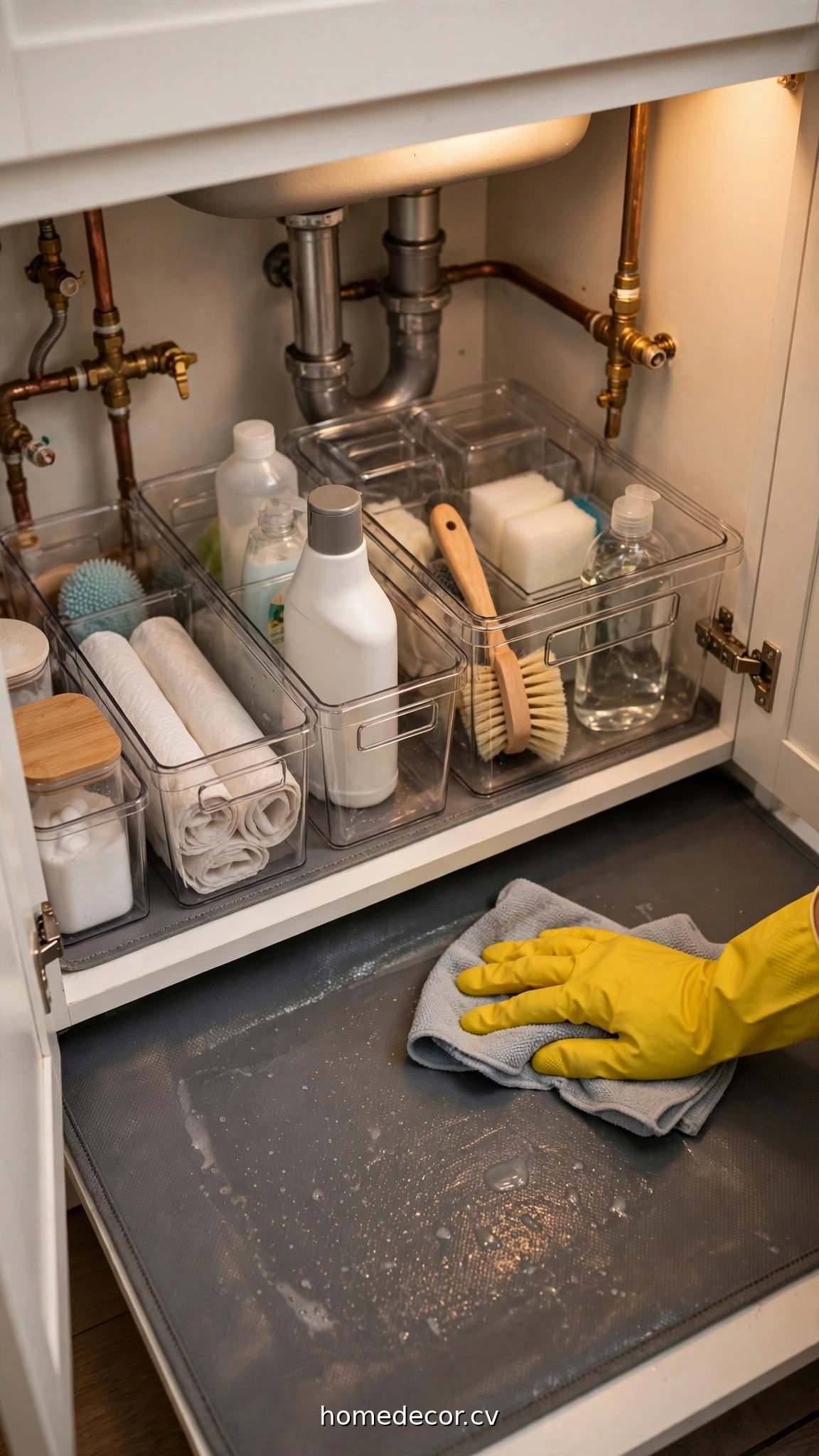 Person wiping down an organized under-sink cabinet with a waterproof mat during a monthly check