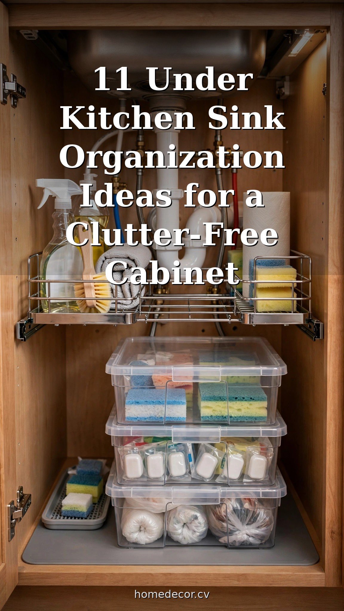 Pinterest pin: 11 Under Kitchen Sink Organization Ideas for a Clutter-Free Cabinet