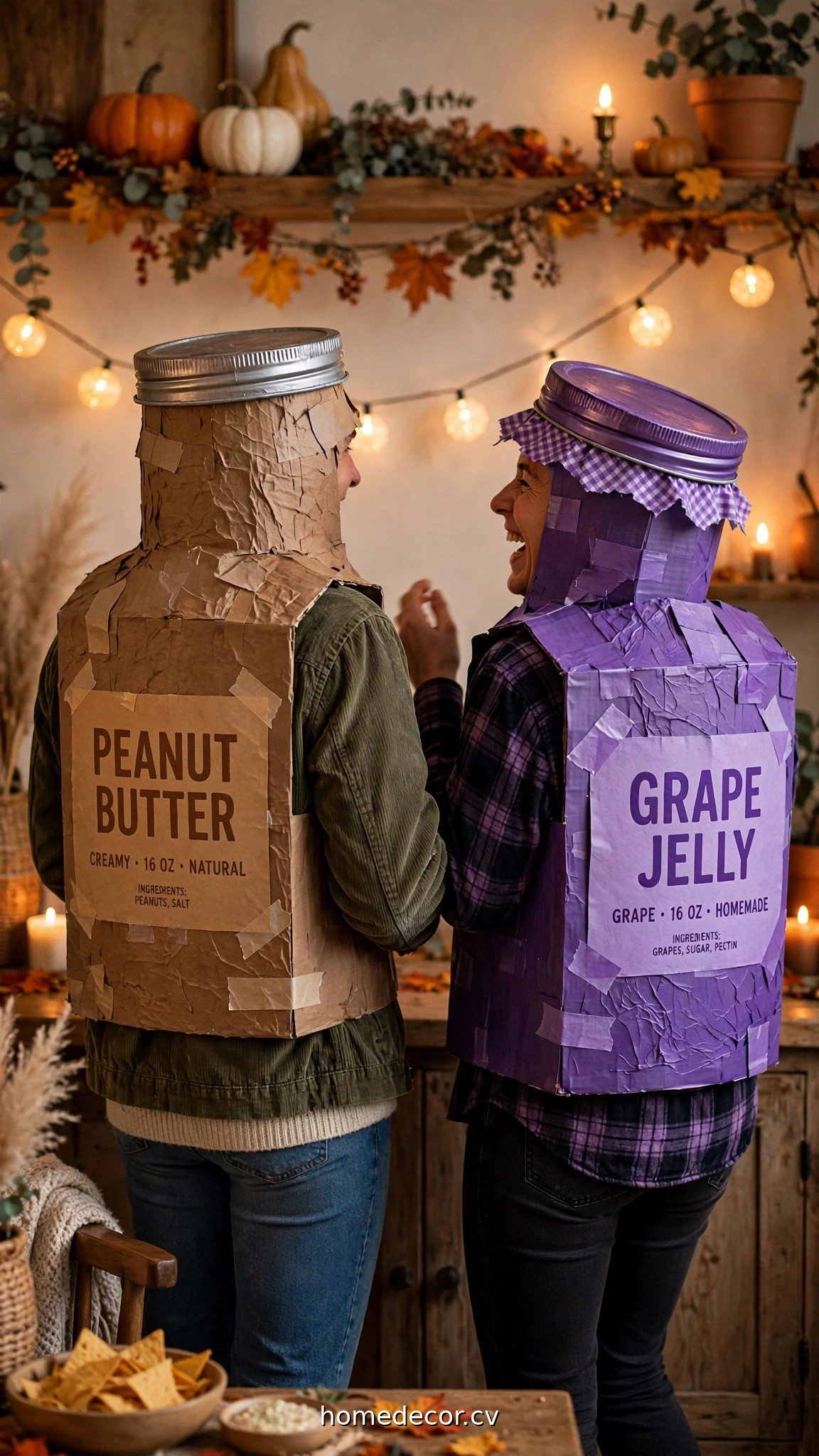 Couple in DIY peanut butter and jelly jar costumes laughing at a Halloween party