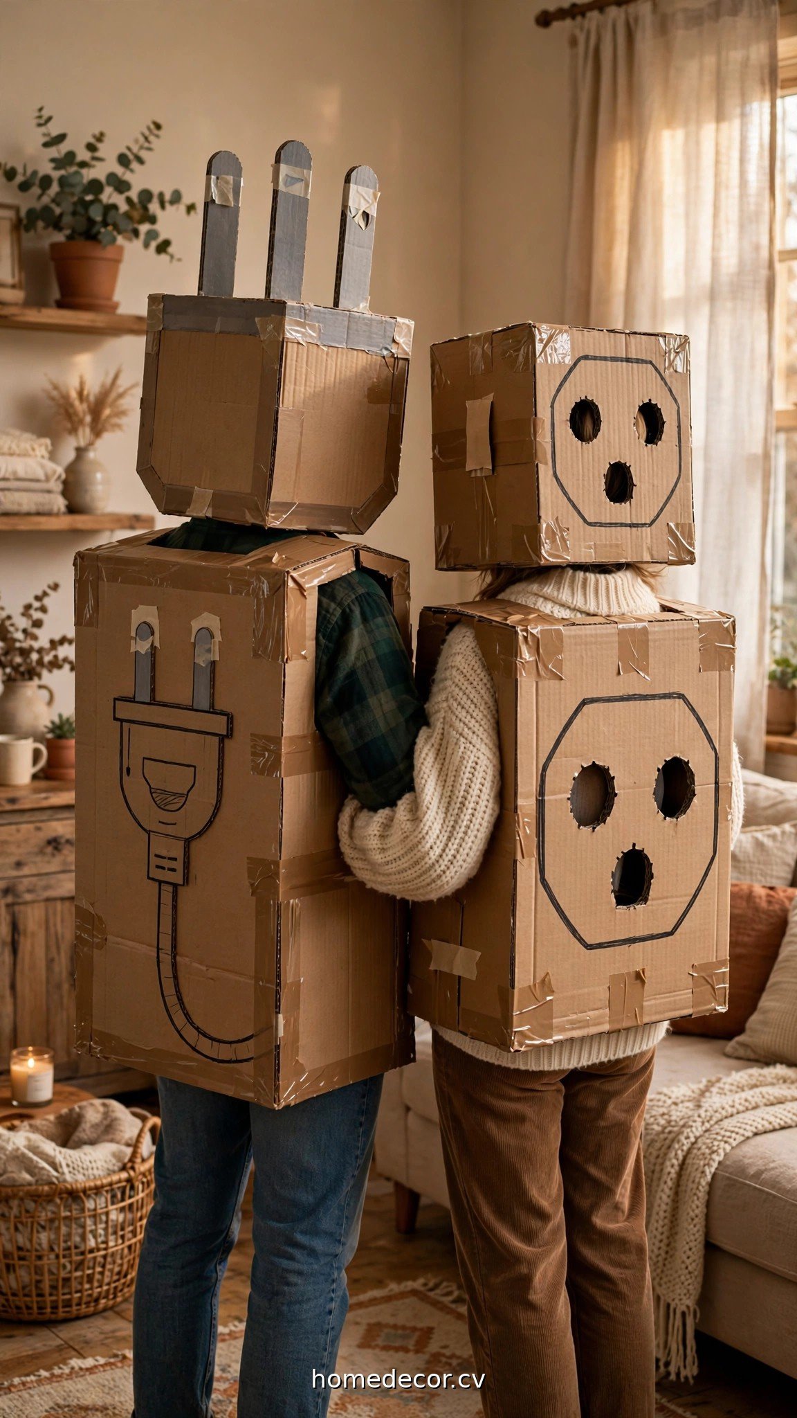 Couple dressed as a plug and socket with handmade cardboard costumes