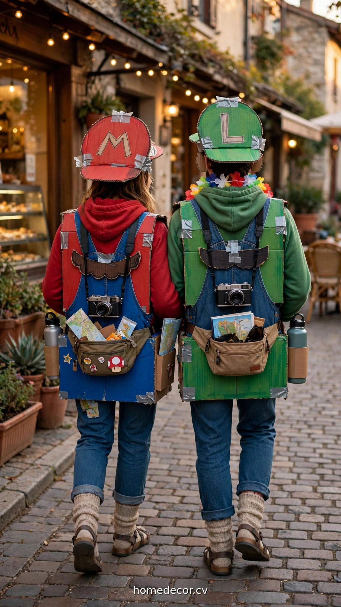 Couple in funny DIY costumes as a tourist pair with cameras and socks with sandals