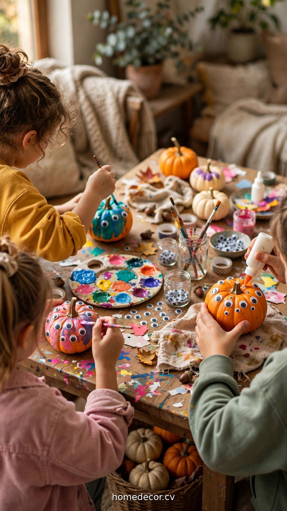 Children painting mini pumpkins with bright colors and googly eyes at a craft table
