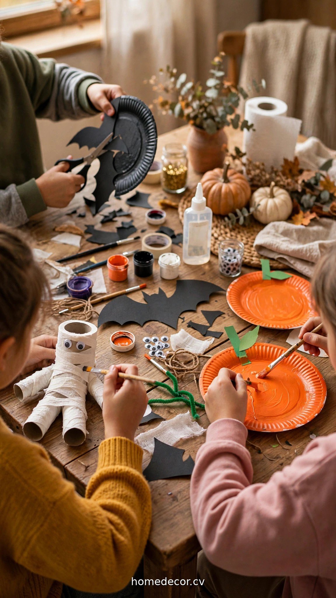 Kids making Halloween crafts from toilet paper rolls and paper plates with paint and glue