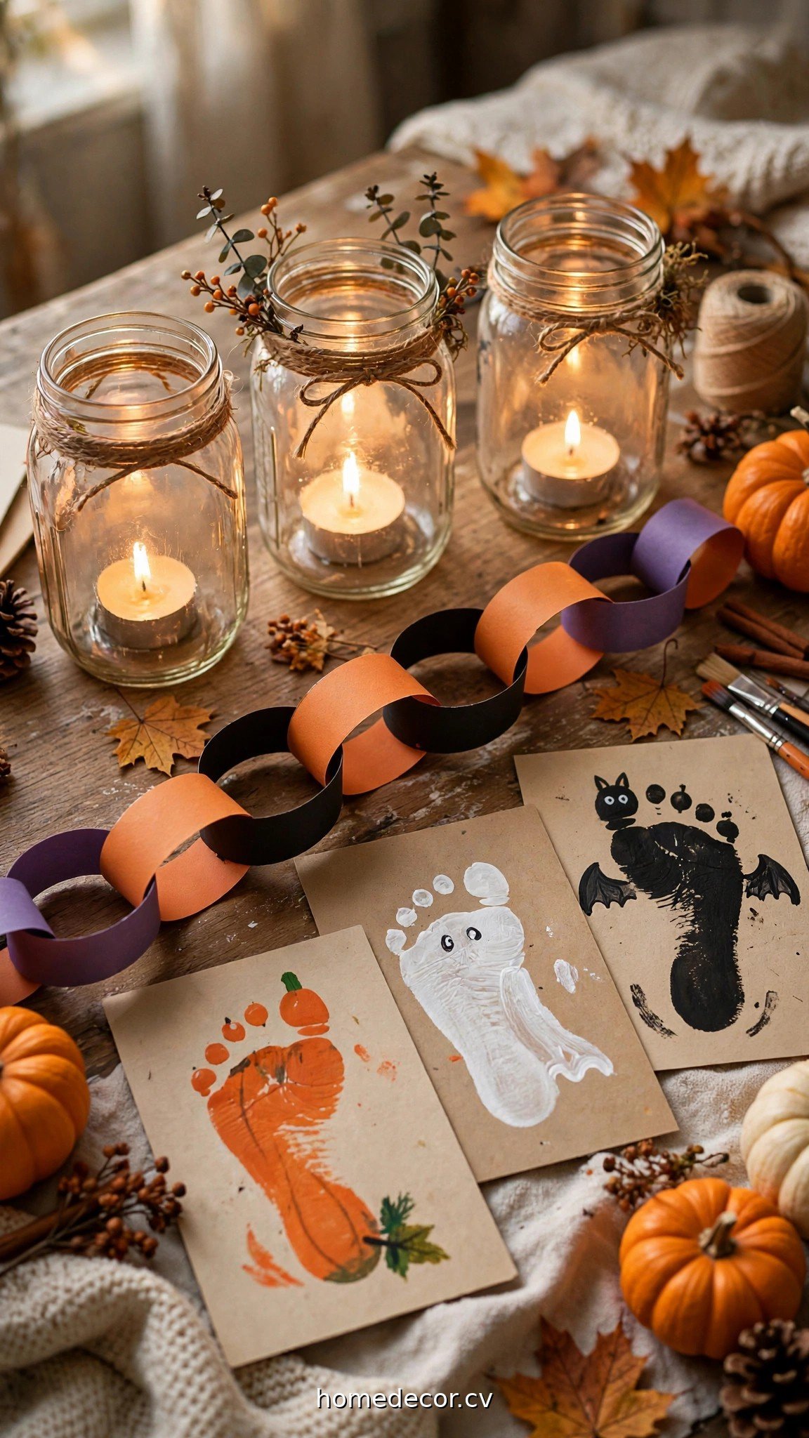 Finished children's Halloween crafts displayed: mason jar lanterns, paper chains and footprint art