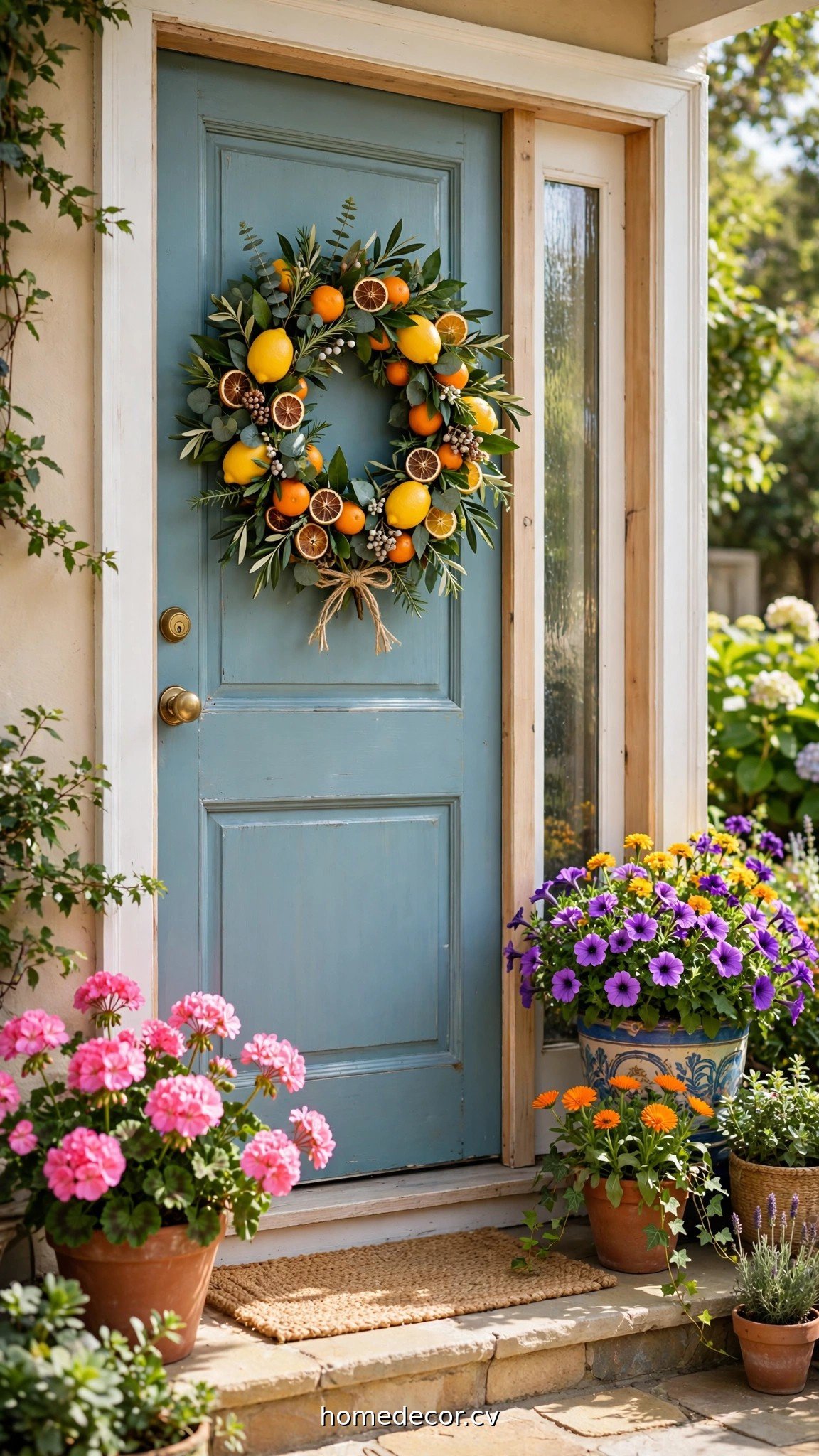 Bright summer front door with a citrus wreath and colorful potted flowers