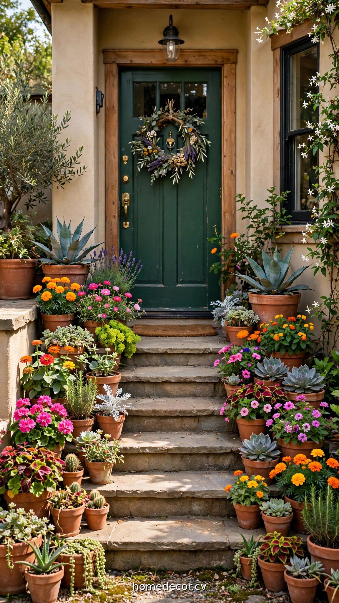 Front door steps lined with heat-tolerant potted plants and colorful summer flowers