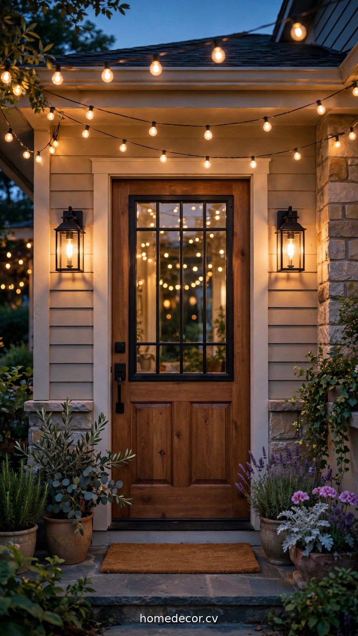Summer front door at dusk with glowing lanterns and string lights