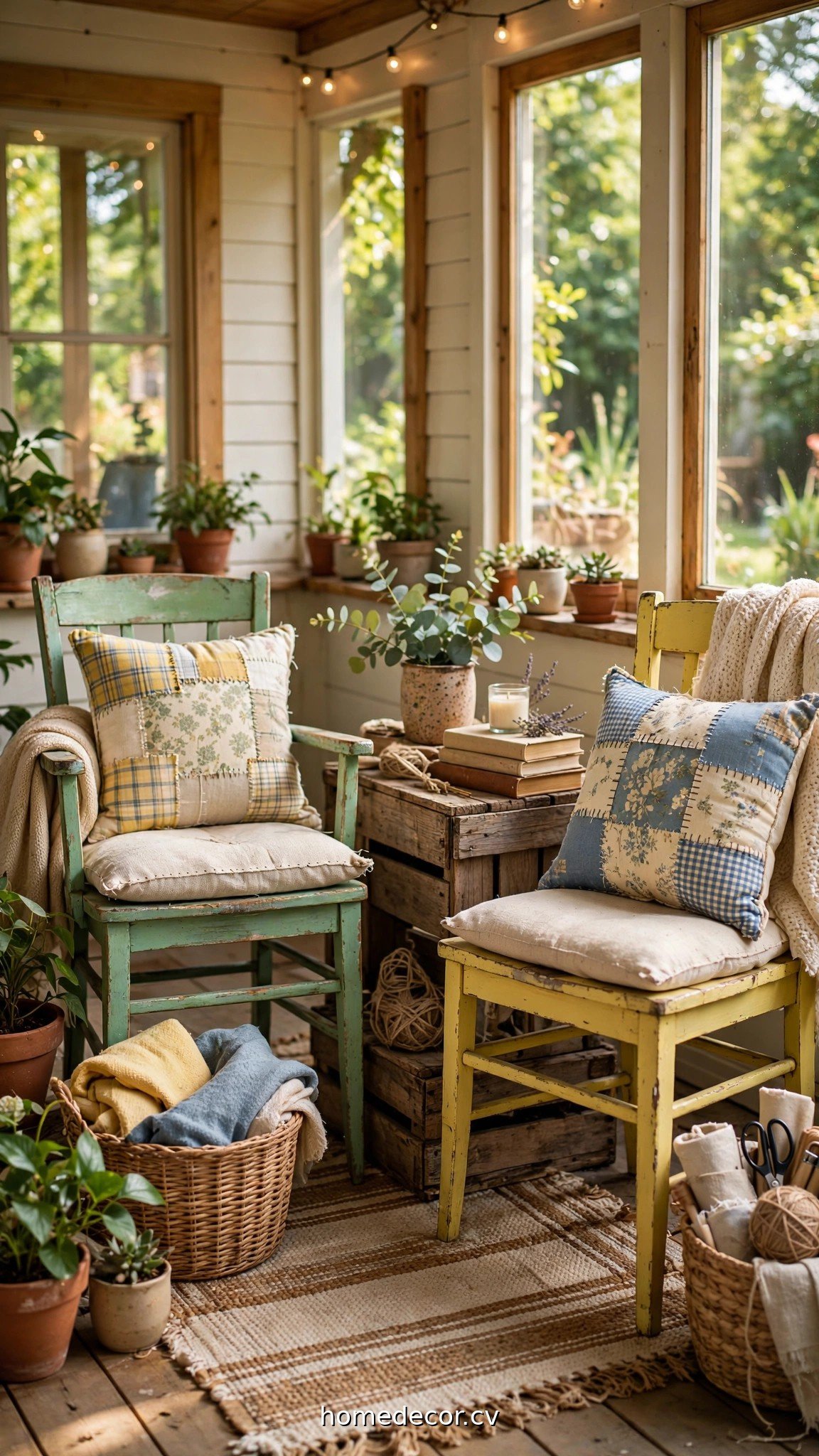 Budget summer porch with thrifted painted chairs, DIY cushions and a crate side table