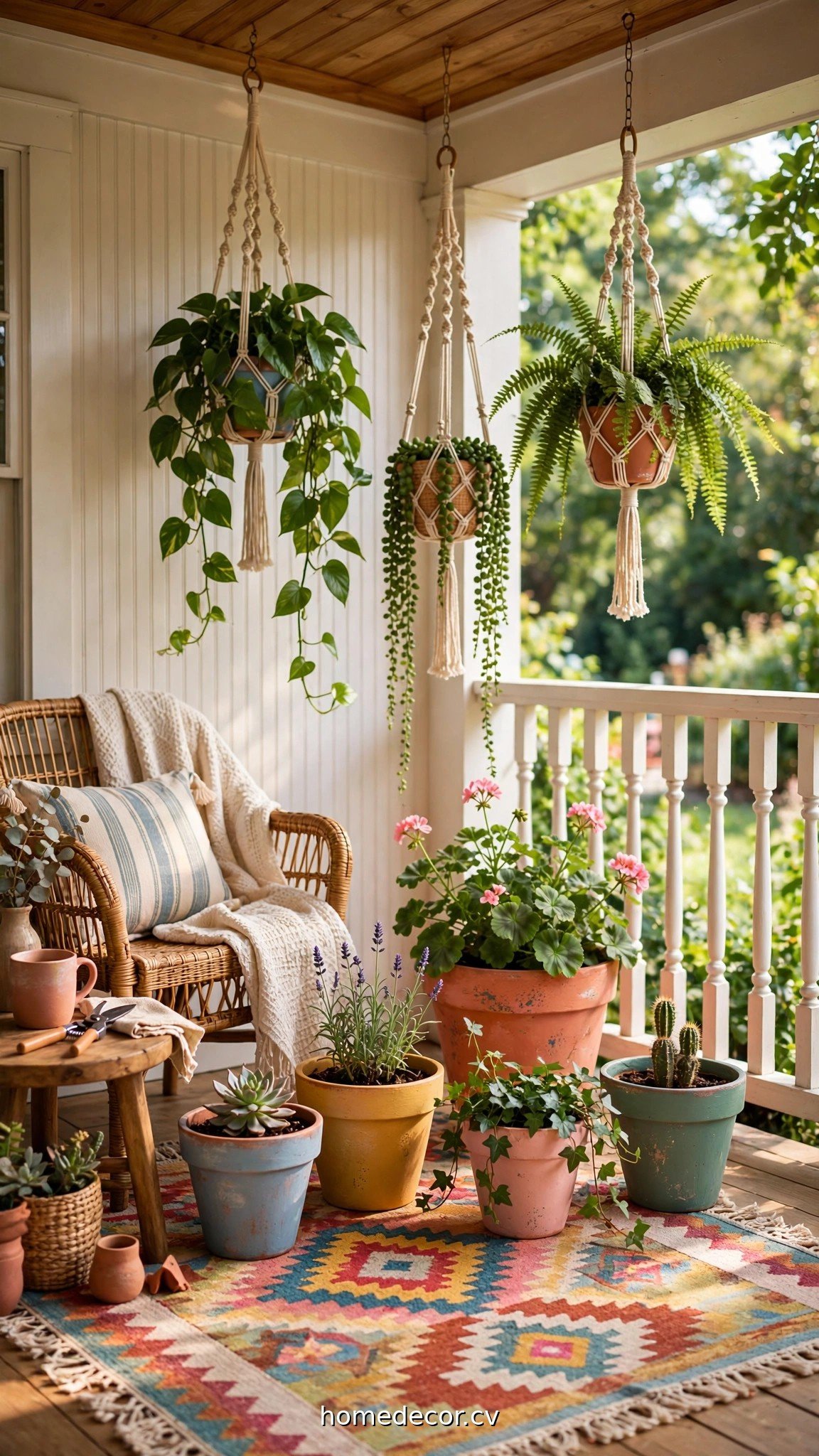 Summer porch with painted terracotta planters, hanging plants and a colorful outdoor rug