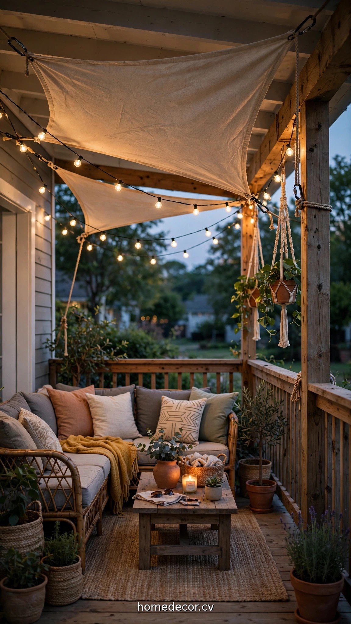 Budget summer porch at dusk with string lights, DIY shade sail and cozy seating
