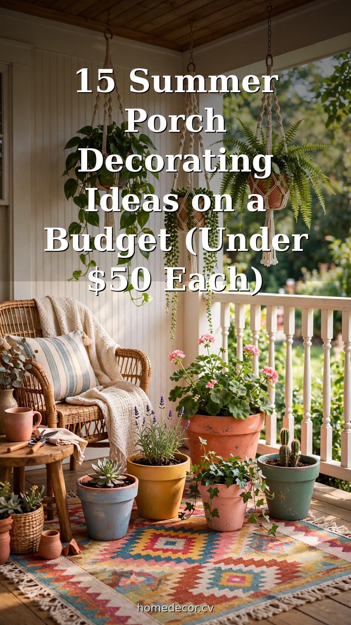 Pinterest pin: 15 Summer Porch Decorating Ideas on a Budget (Under $50 Each)