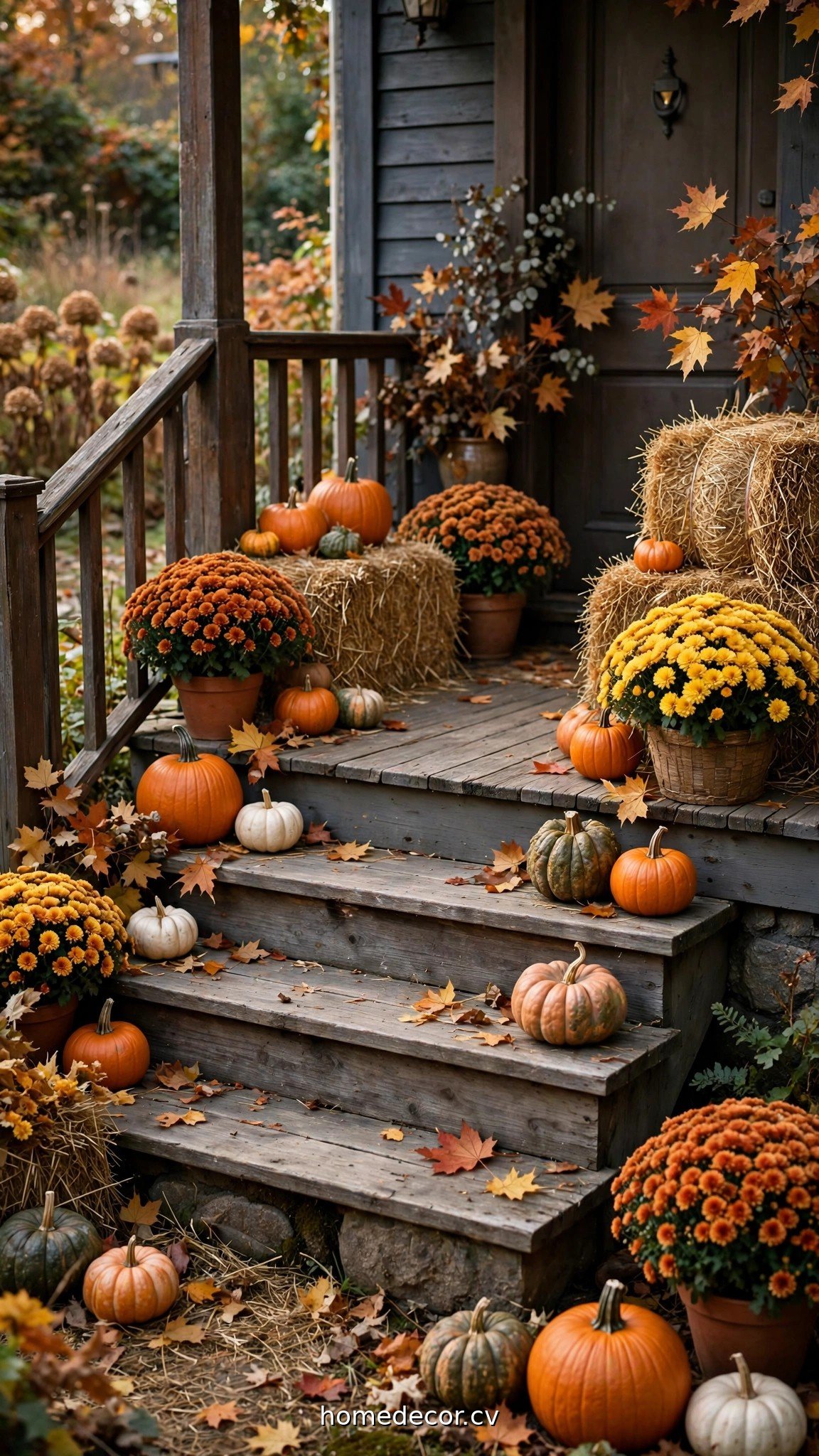 Fall porch steps styled with pumpkins, mums and hay bales in a tight autumn palette