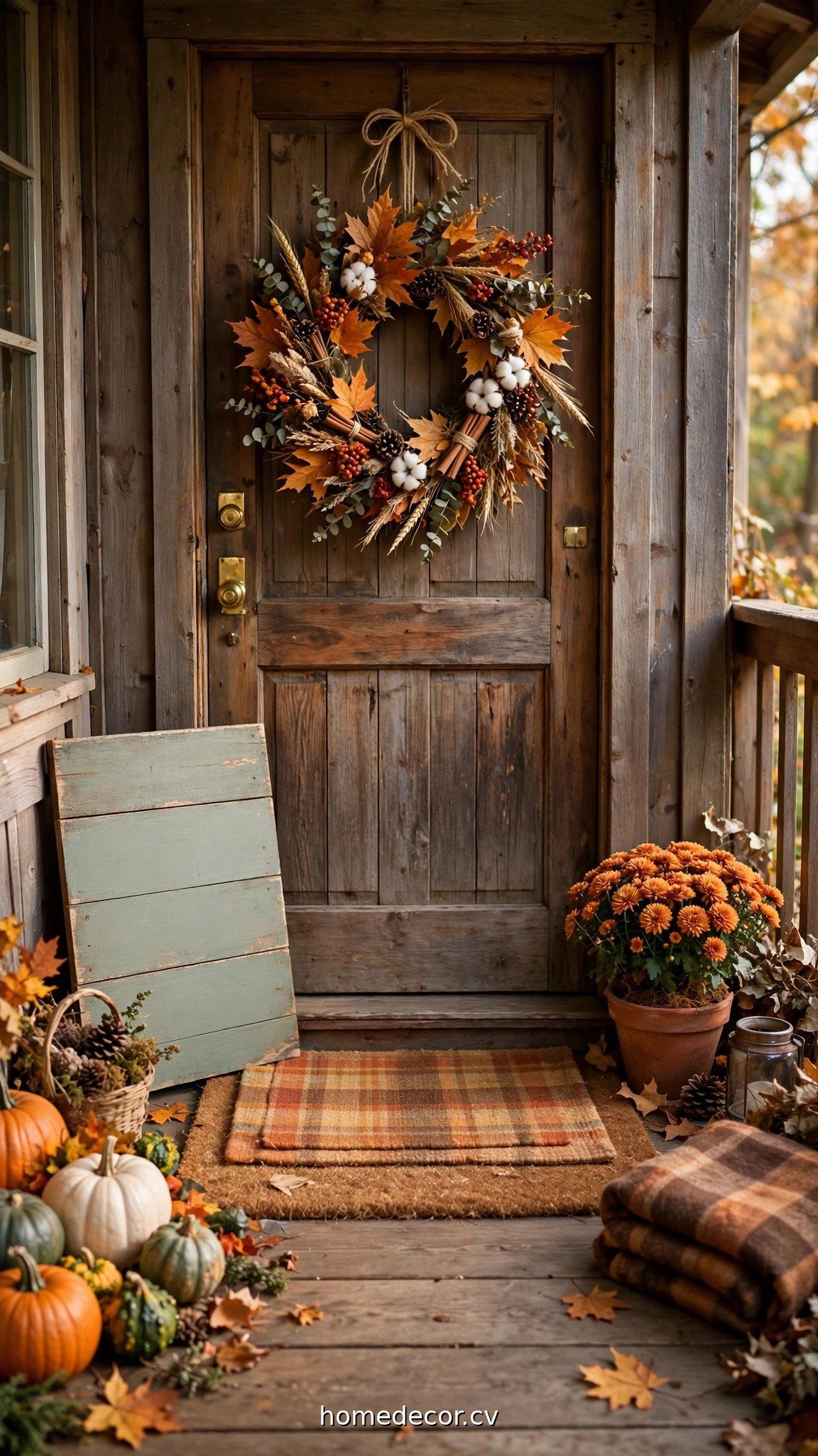 DIY fall porch details: handmade wreath, layered doormats and a painted wooden sign
